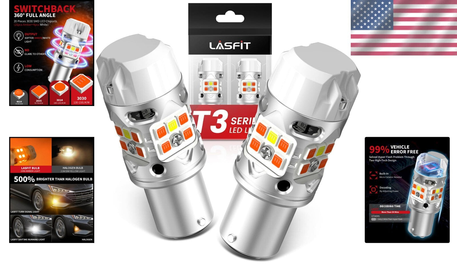 500% Brighter 1157 Switchback LED Bulb with Built-In Resistor for Amber/White