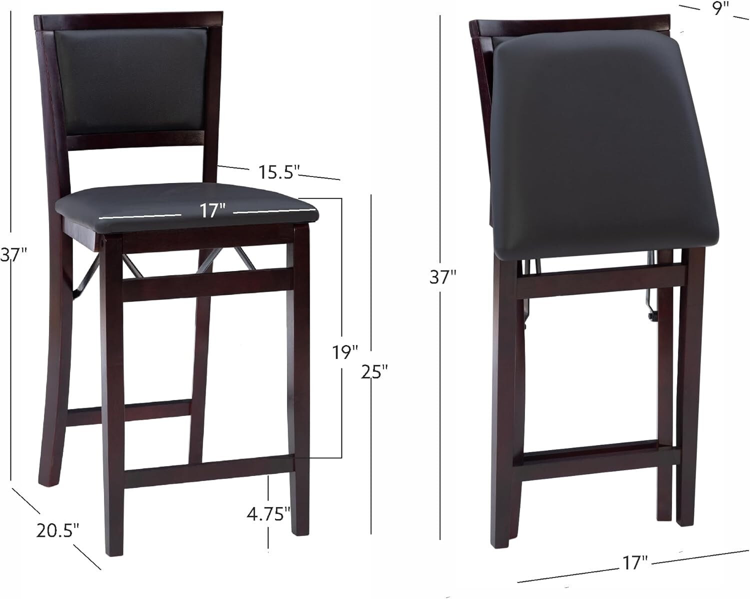 Elegant 24-Inch Folding Counter Stool with Faux Leather Pad - Espresso Finish