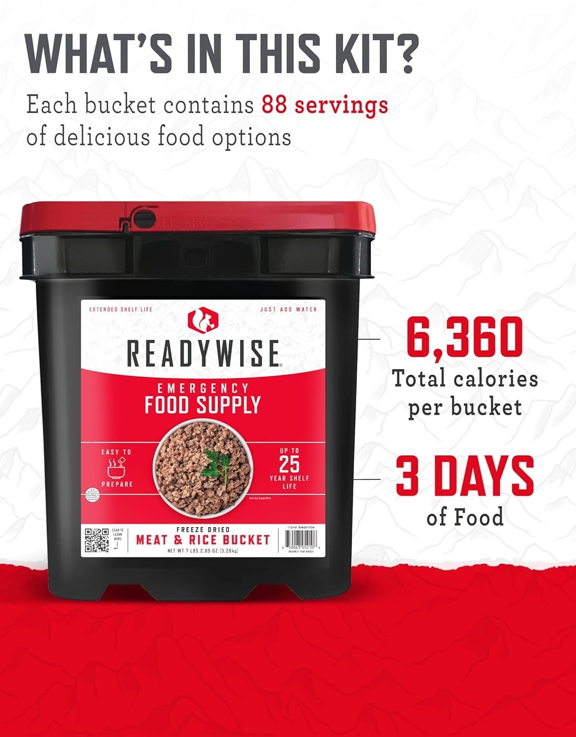 Emergency Food Bucket: 88 Servings of Freeze-Dried Chicken, Beef, Pork & Rice