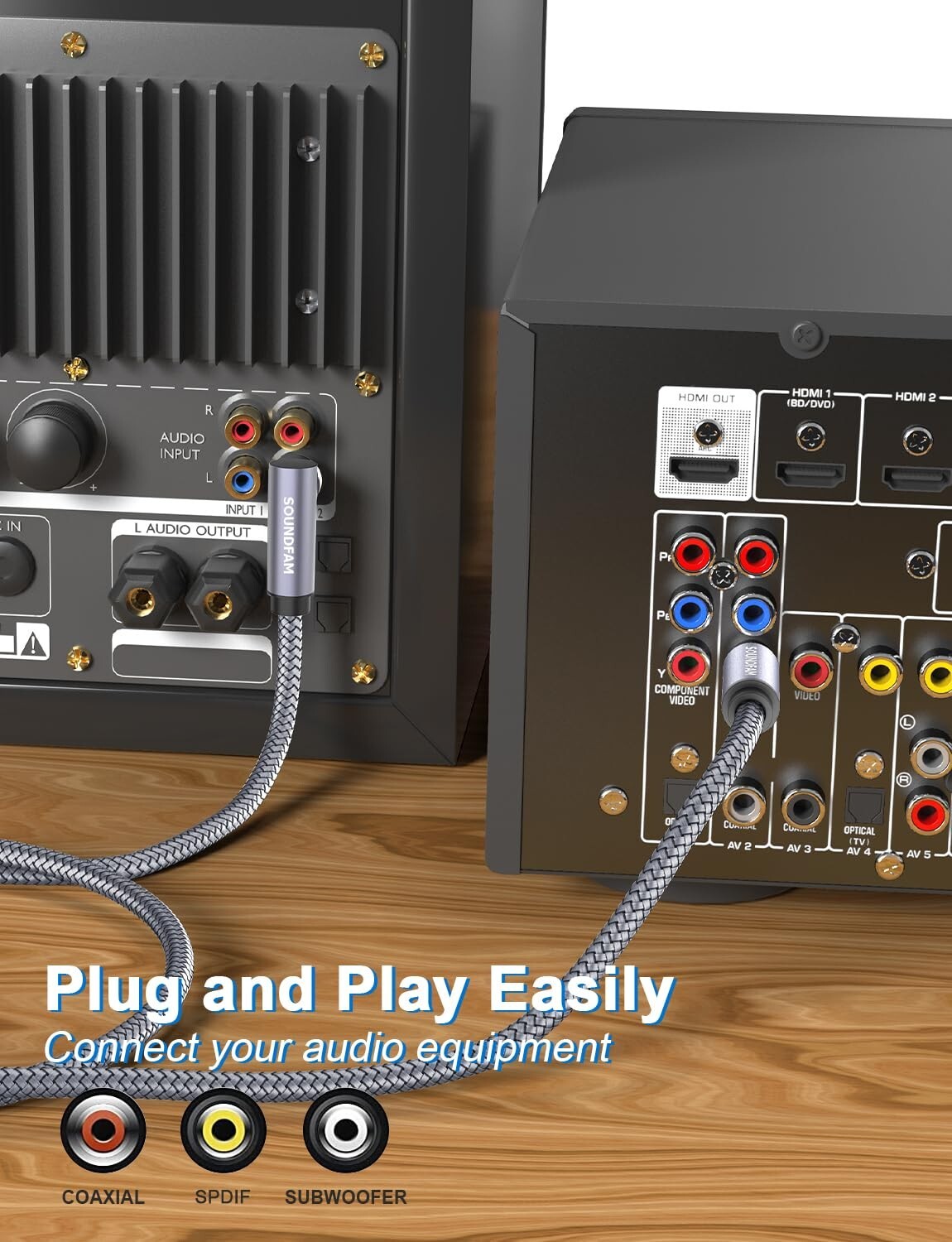 50ft Tangle-Free 90 Degree RCA Cable for Clear Subwoofer Sound & Easy Connection