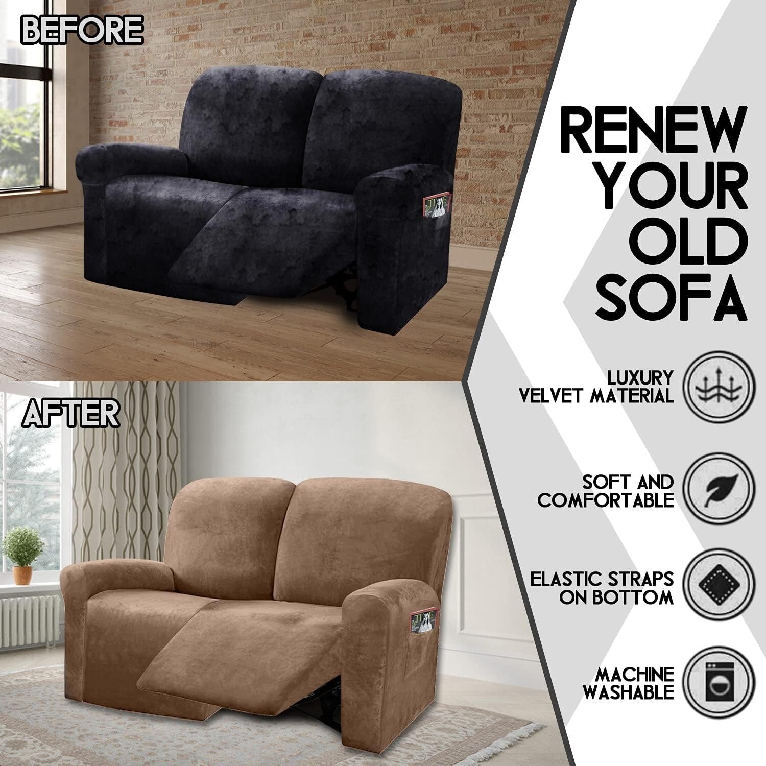 Custom-Fit Velvet Reclining Love Seat Slipcover, Machine Washable for Easy Care