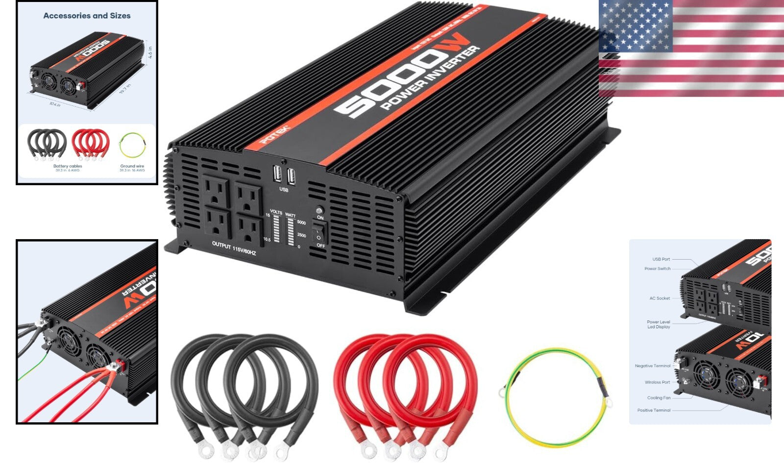 5000W Portable Power Inverter with 4 AC Outlets & USB for Vehicle Charging