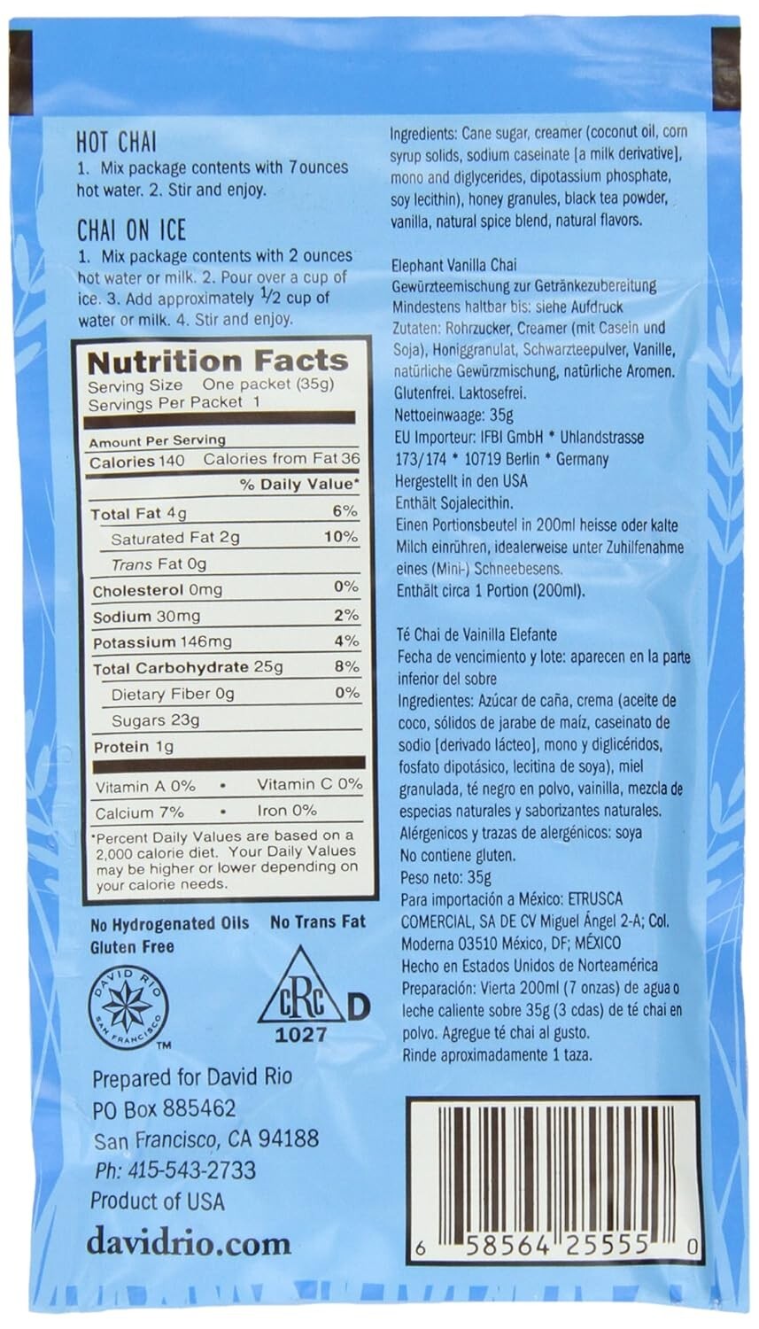 Elephant Vanilla Chai Tea Packets - 48 Single Serve 1.23 oz for Easy Enjoyment