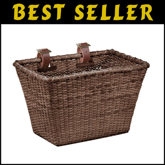 Durable Cane Woven Bicycle Basket with Classic Leather Straps - Perfect Gift