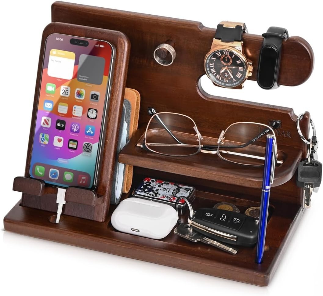 Elegant Wood Phone Docking Station & Organizer for Desk or Nightstand Gifts
