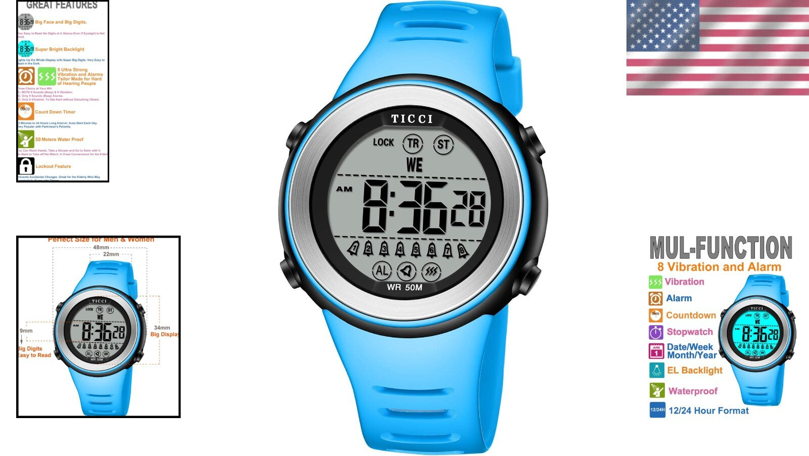 Unisex 8-Vibration Alarm Watch for Medication Reminders - Easy to Read & Durable