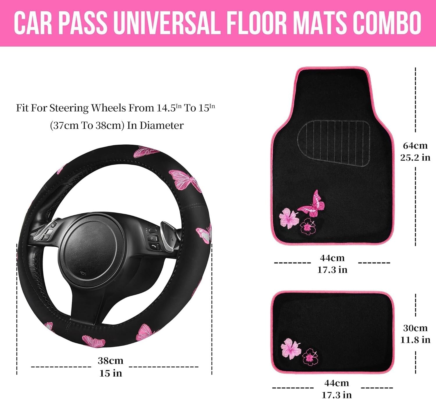 Elegant Pink Car Mats & Exercising Steering Wheel Cover with Butterfly Design