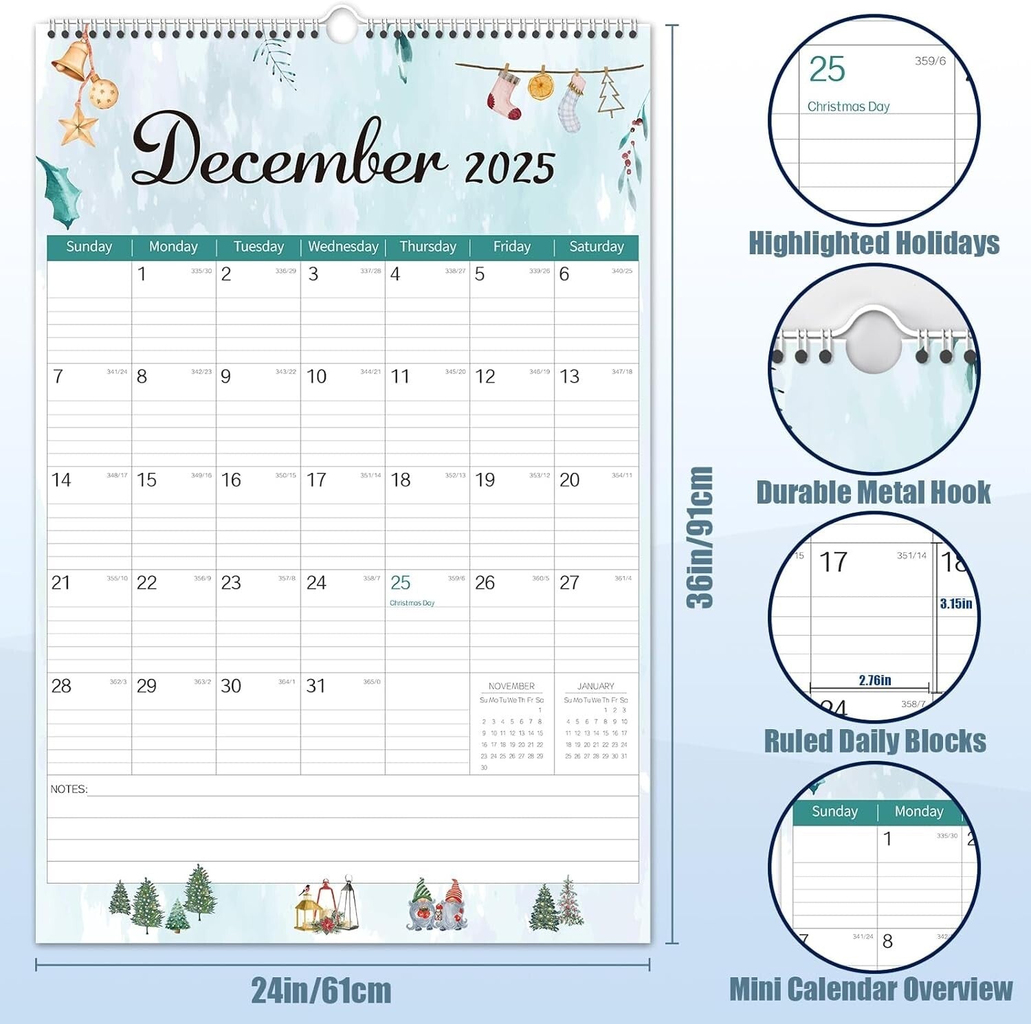 Beautiful Watercolor Extra Large Wall Calendar 2025 - 36x24 Planning Masterpiece