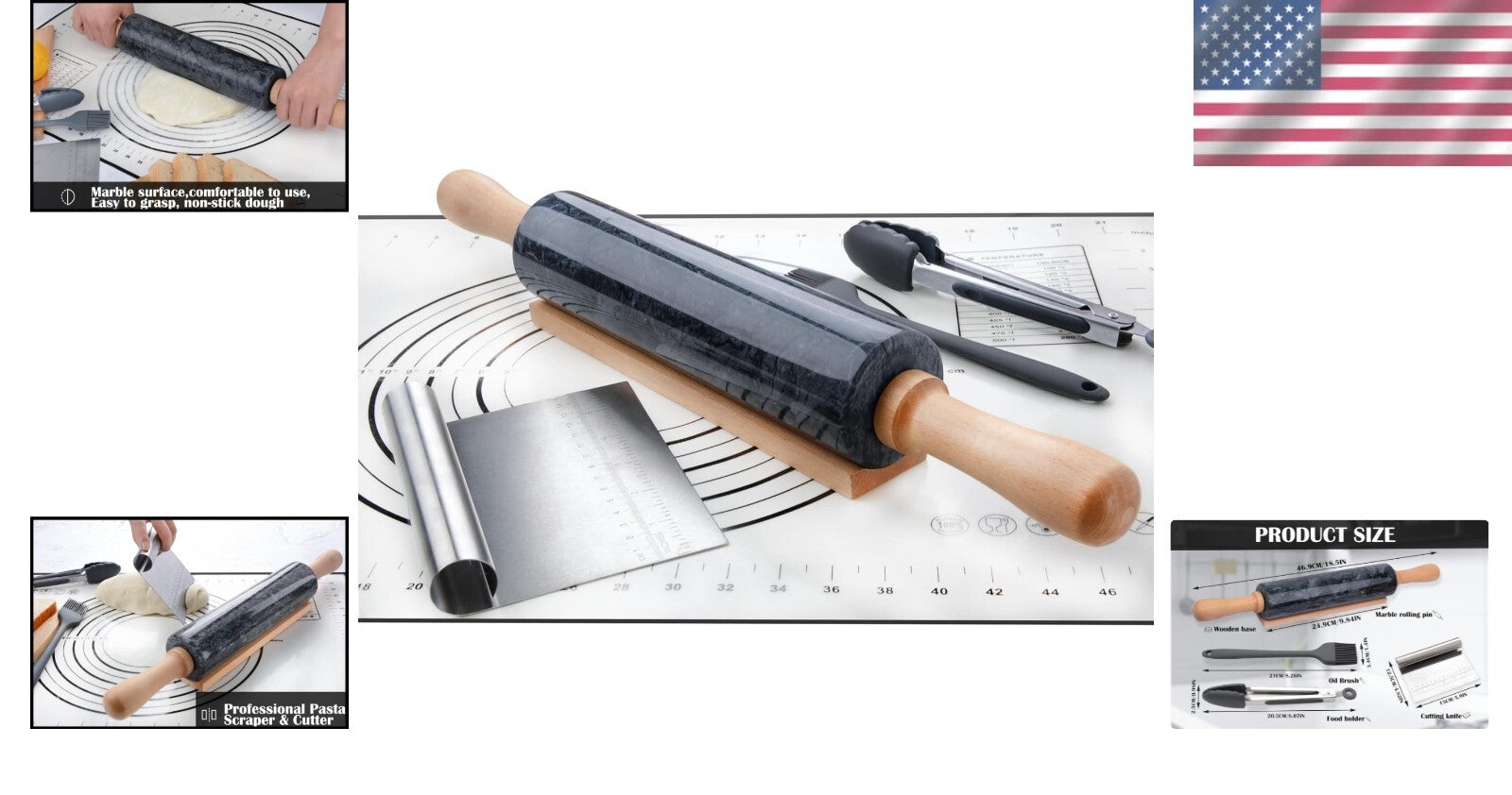 Elegant 18.5-Inch Marble Rolling Pin Set with Silicone Pastry Mat & Accessories