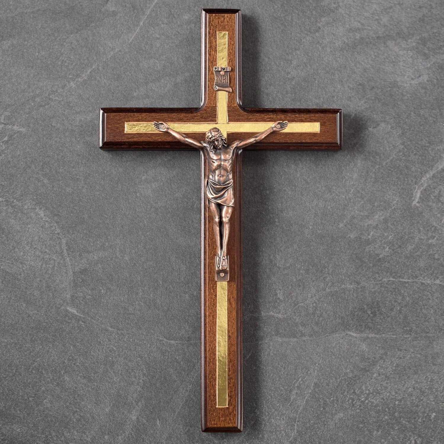12-Inch Elegant Crucifix Wall Cross - Solid Hardwood with Copper Jesus & Rosary