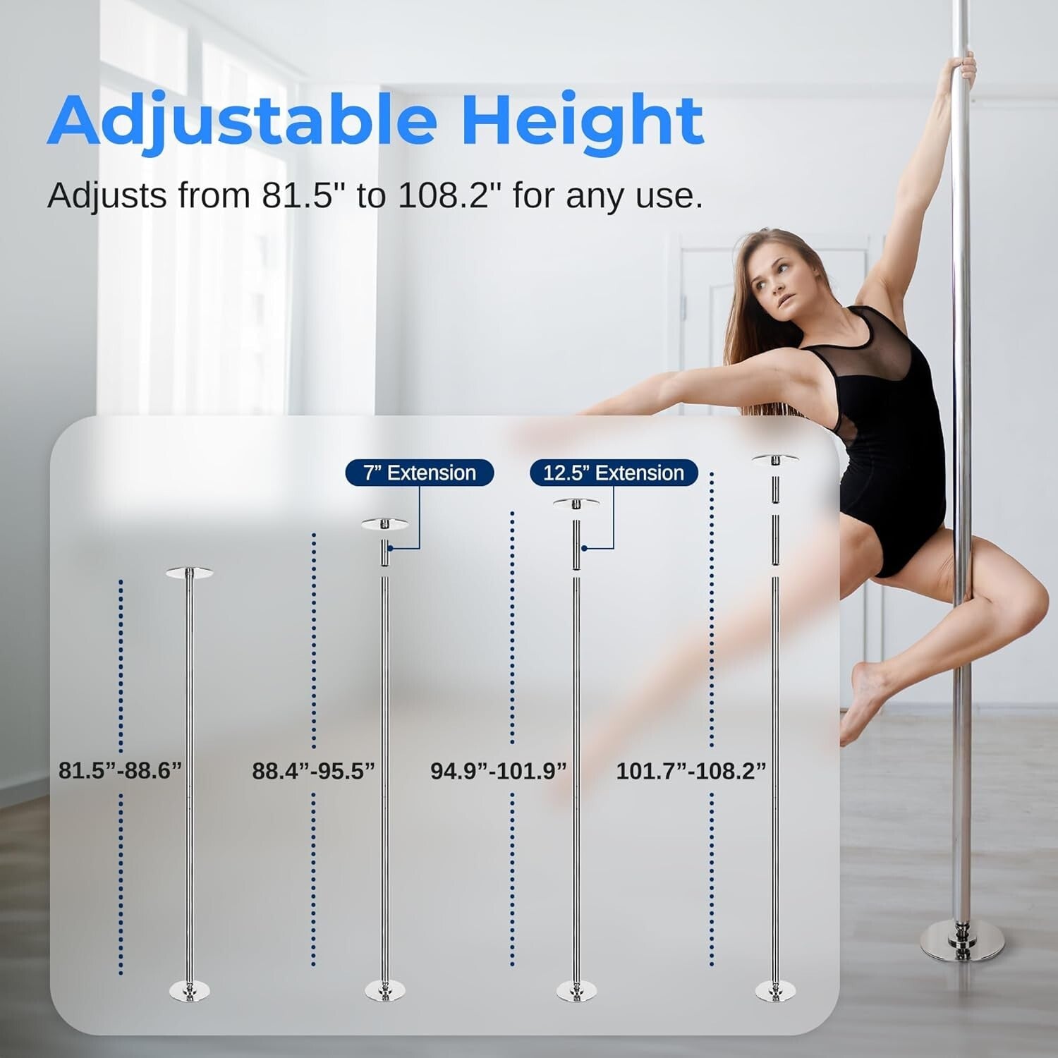Enhanced Fitness & Dance: 45mm Chrome Pole with Adjustable Height & Party Lights