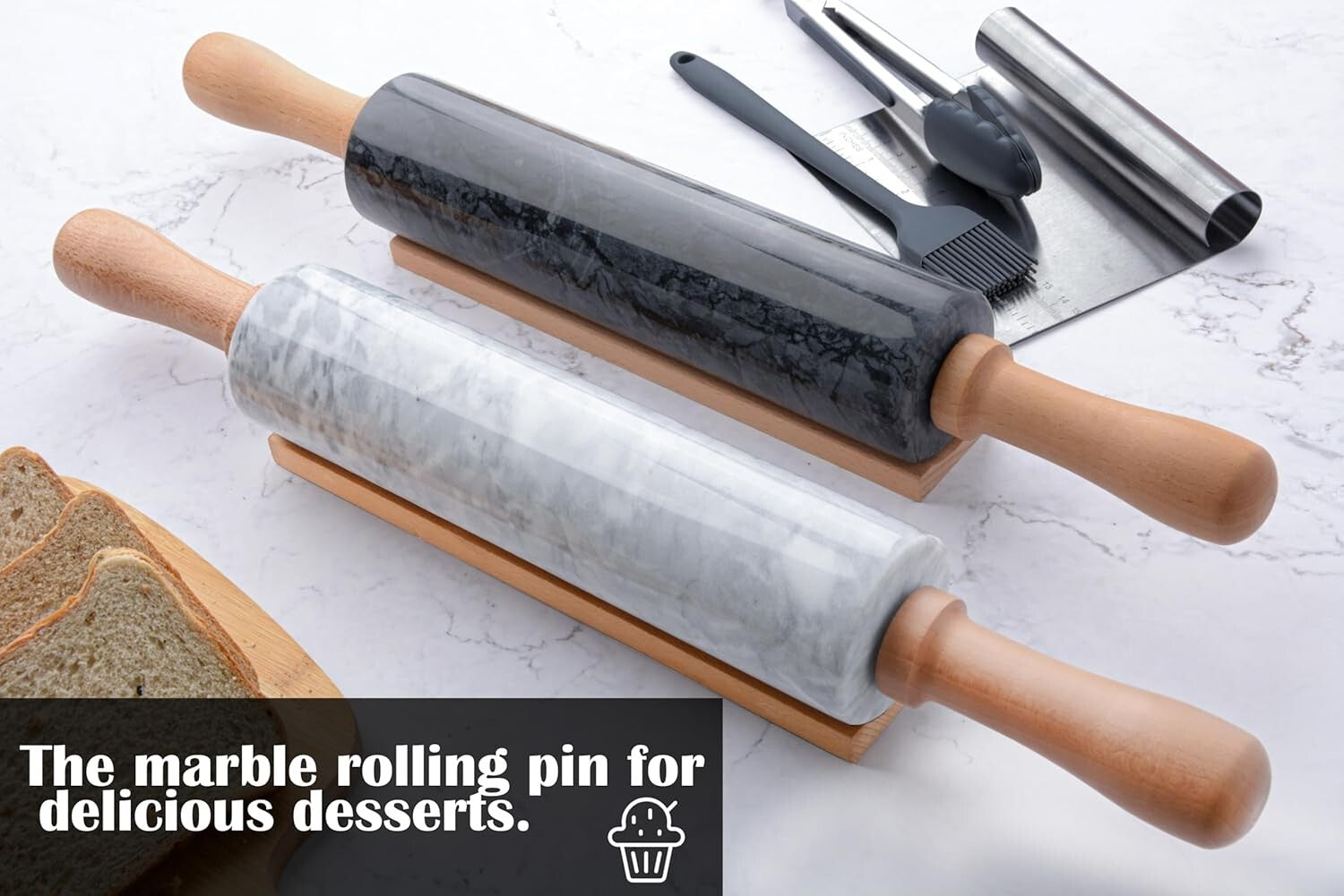 18.5-Inch Polished Marble Rolling Pin Set: Pastry Mat, Brush, & Tongs Included