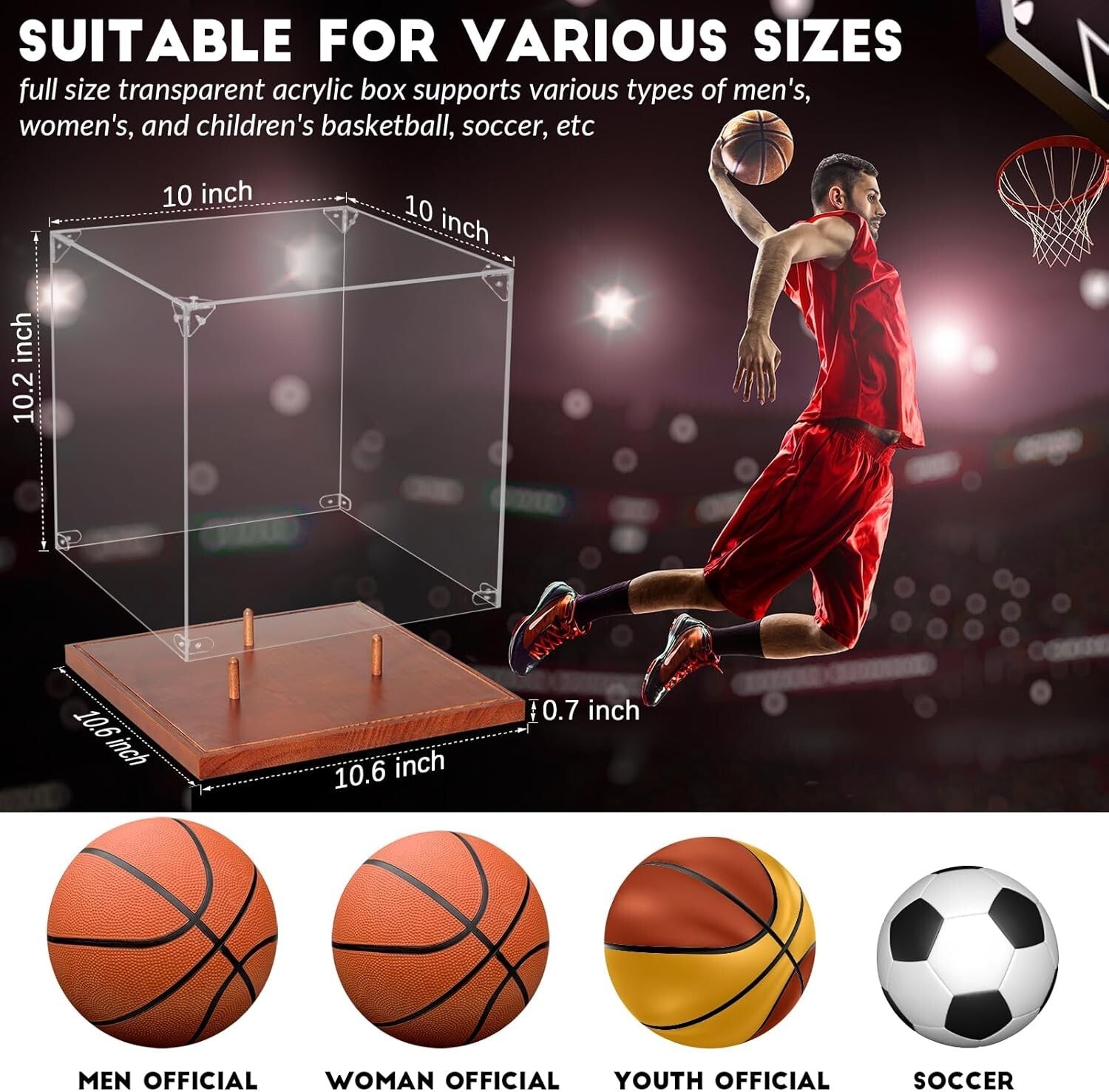 Elegant 10" Basketball Memorabilia Case - Acrylic with Solid Wood Tabletop Mount