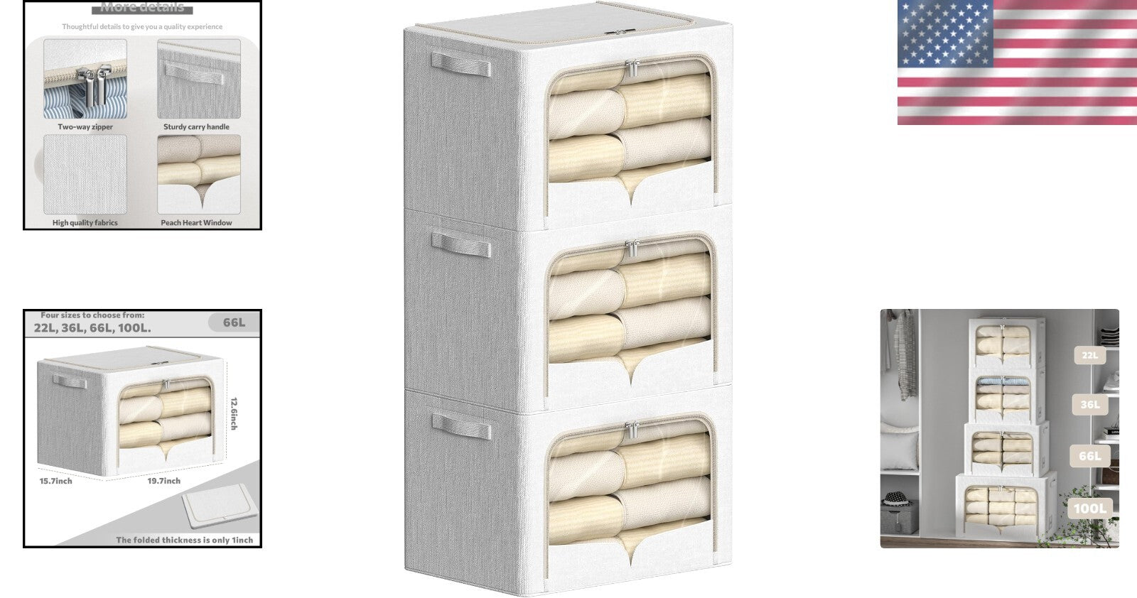 3-Pack Cream White Foldable Stackable Linen Storage Boxes with Clear Window