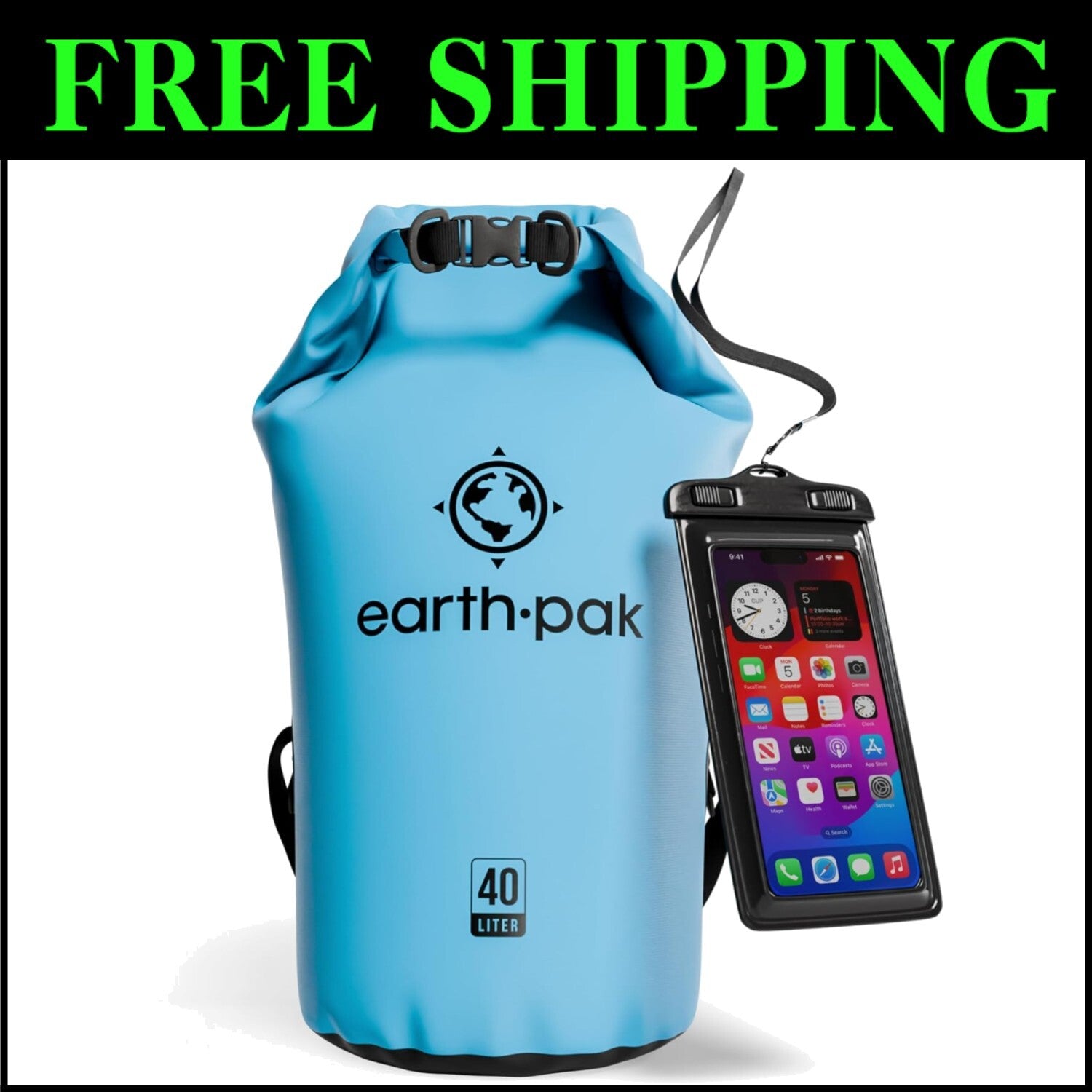 40L Waterproof Dry Bag Backpack with Phone Case - Light Blue Adventure Ready
