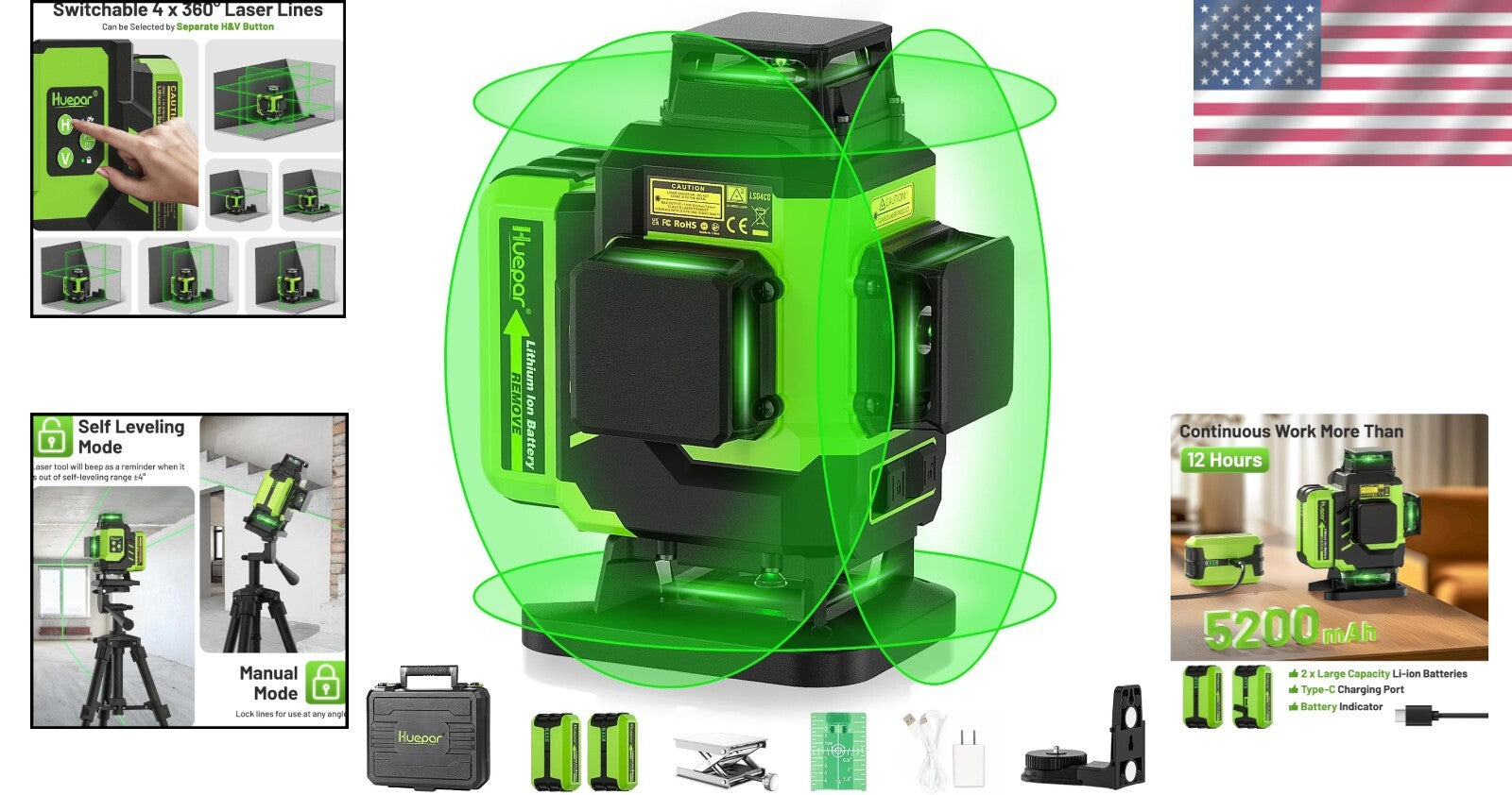 Durable Green Beam 4X360° Laser Level with Lithium-ion Batteries + Accessories