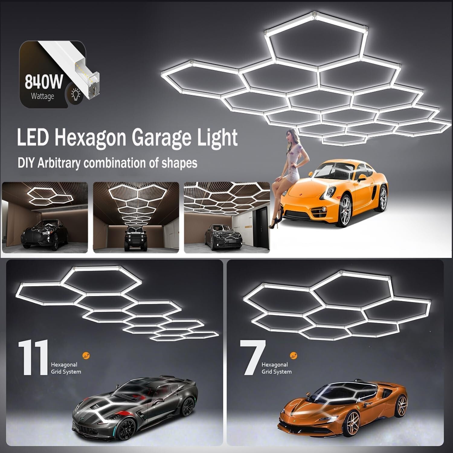 Elegant Aluminum Hexagon Garage Light - 720W, 86400 Lumens for Commercial Use