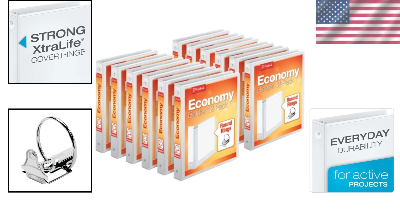 1-Inch Economy Binders with Round Rings - Carton of 12, Extra Storage Pockets