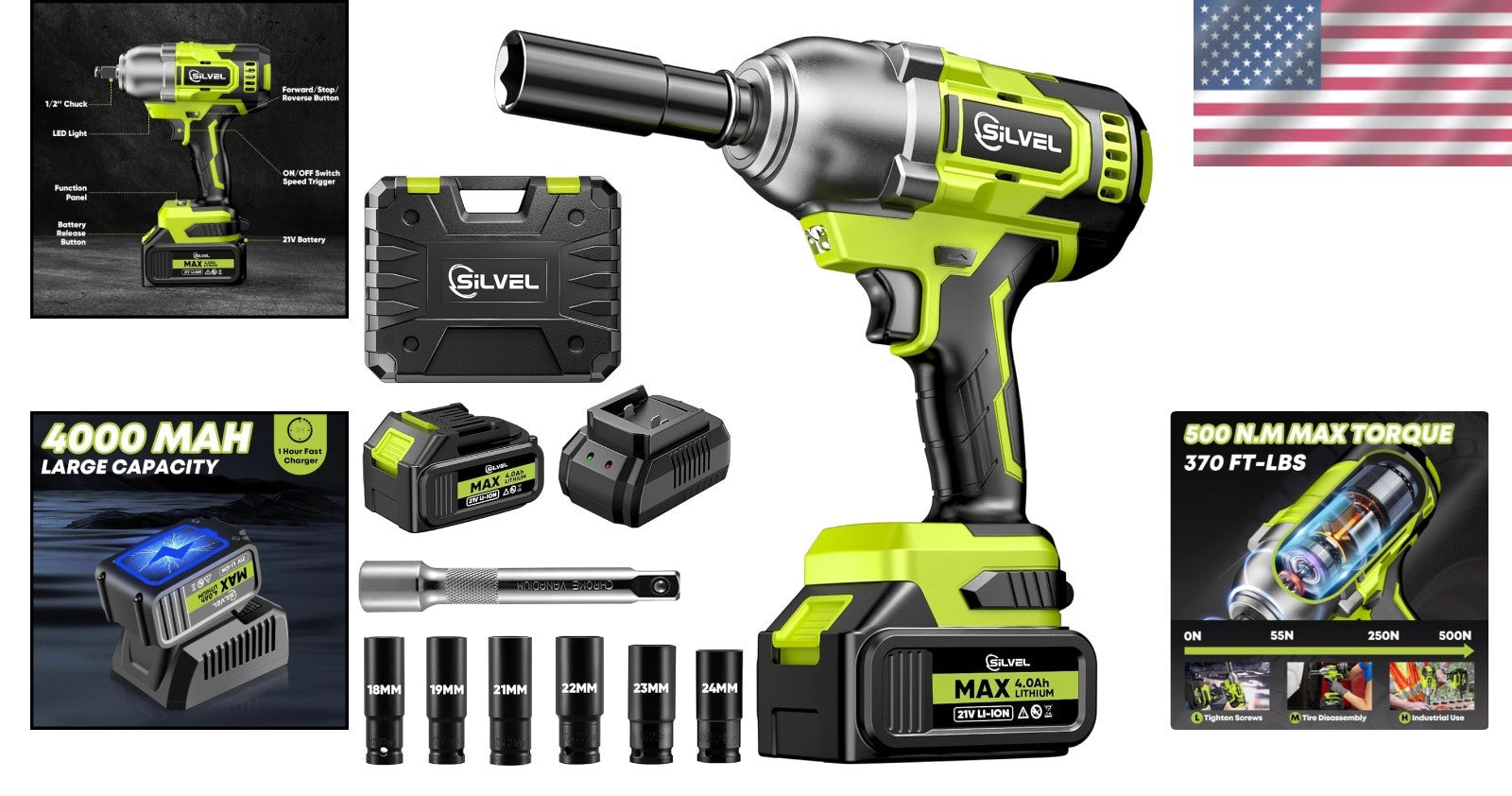 All-in-One Cordless Impact Wrench Set with 4.0Ah Battery & 6 Sockets Included