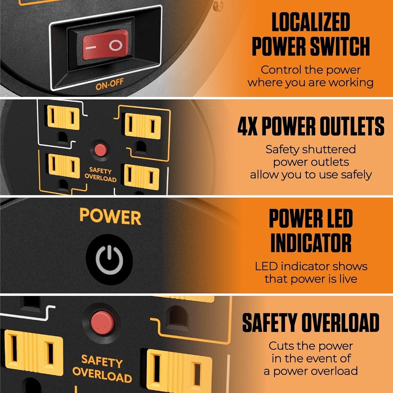 100ft Metal Cord Reel with 4 Outlets & Overload Protection - Safe Power Solution