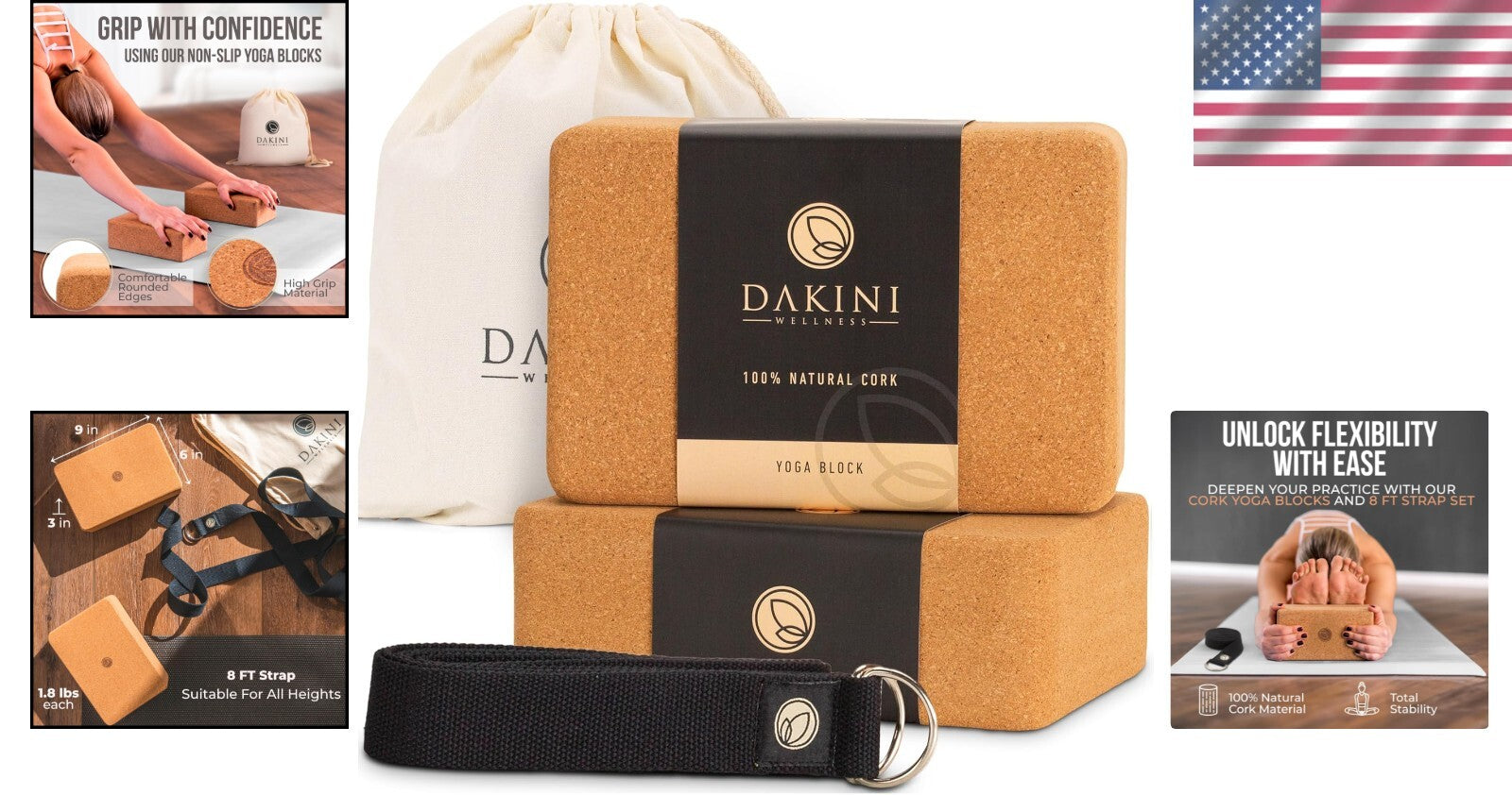 Eco-Friendly Yoga Blocks 2 Pack with Adjustable Strap - 9x6x3 Inch Durability