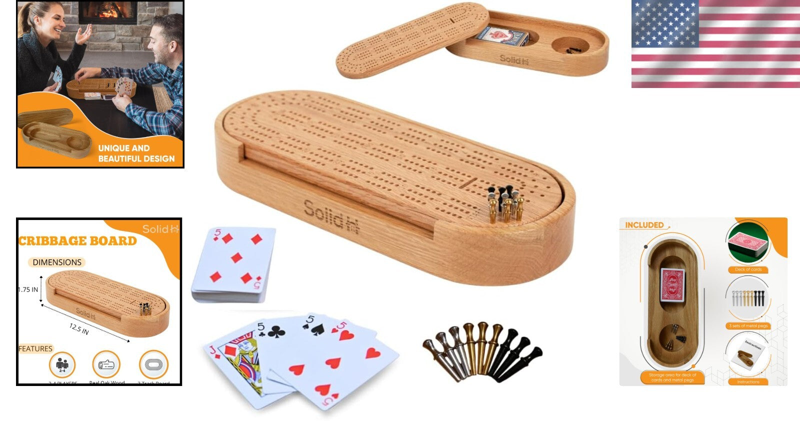 Luxury Oak Wood Cribbage Board Set - Complete with Cards, Pegs & Instructions