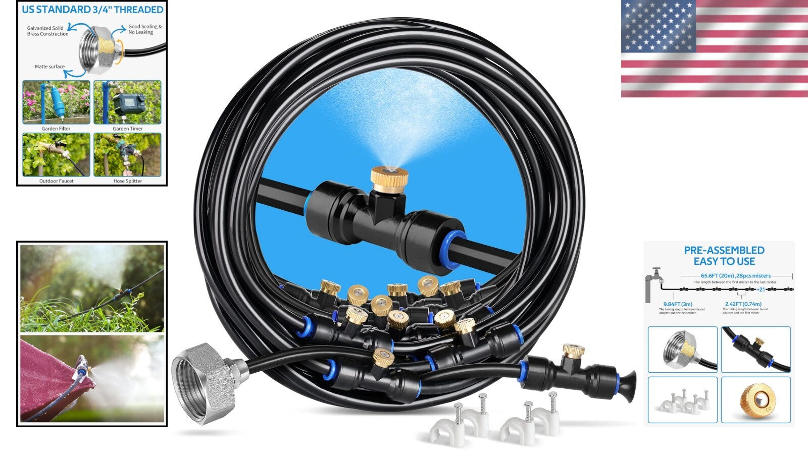 Easy-Install Misting Cooling System with 28 Brass Nozzles and 75FT Line