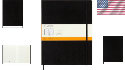 Versatile XXL Black Notebook with Rounded Corners & Expandable Pocket - 8.5x11