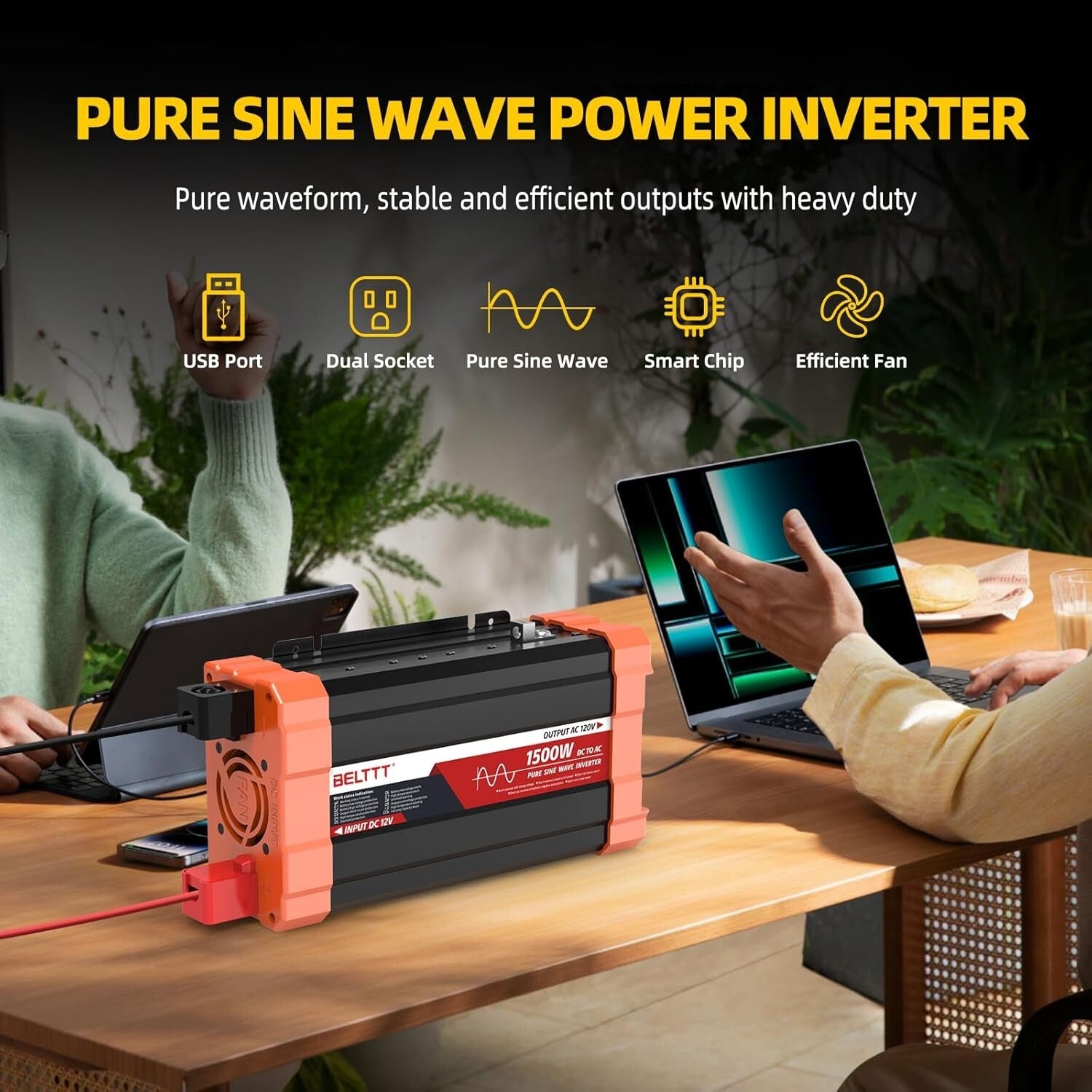 Efficient 1500W DC to AC Inverter with Dual Sockets & USB - Perfect for Camping