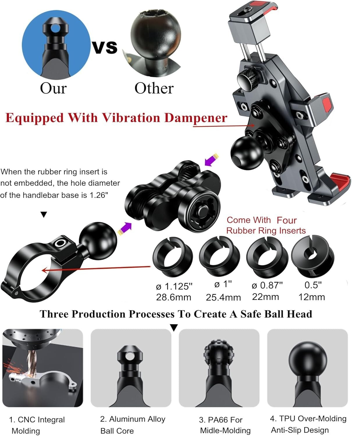 Aluminum Motorcycle Phone Mount - Vibration Dampener & Quick Lock for 4.7-7.2...