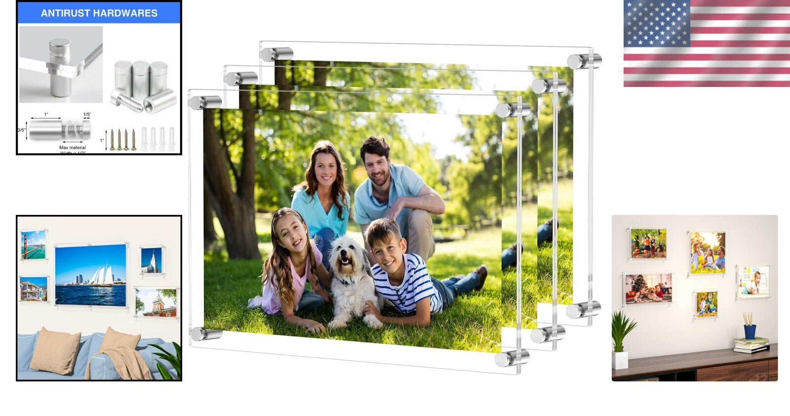 Double Panel Metallic Acrylic Frames for Certificates & Photos - 3-Pack