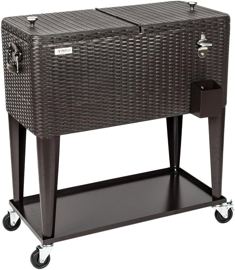 80 Quart Rolling Ice Chest Cooler Cart - Elegant Rattan Design for Patio Parties