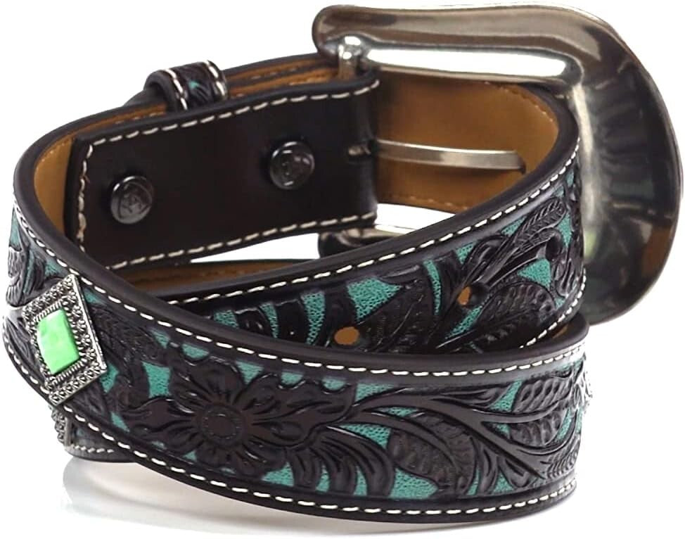 Comfortable Fit Girls' Leather Belt with Diamond Turquoise Conchos - Sizes 18-28