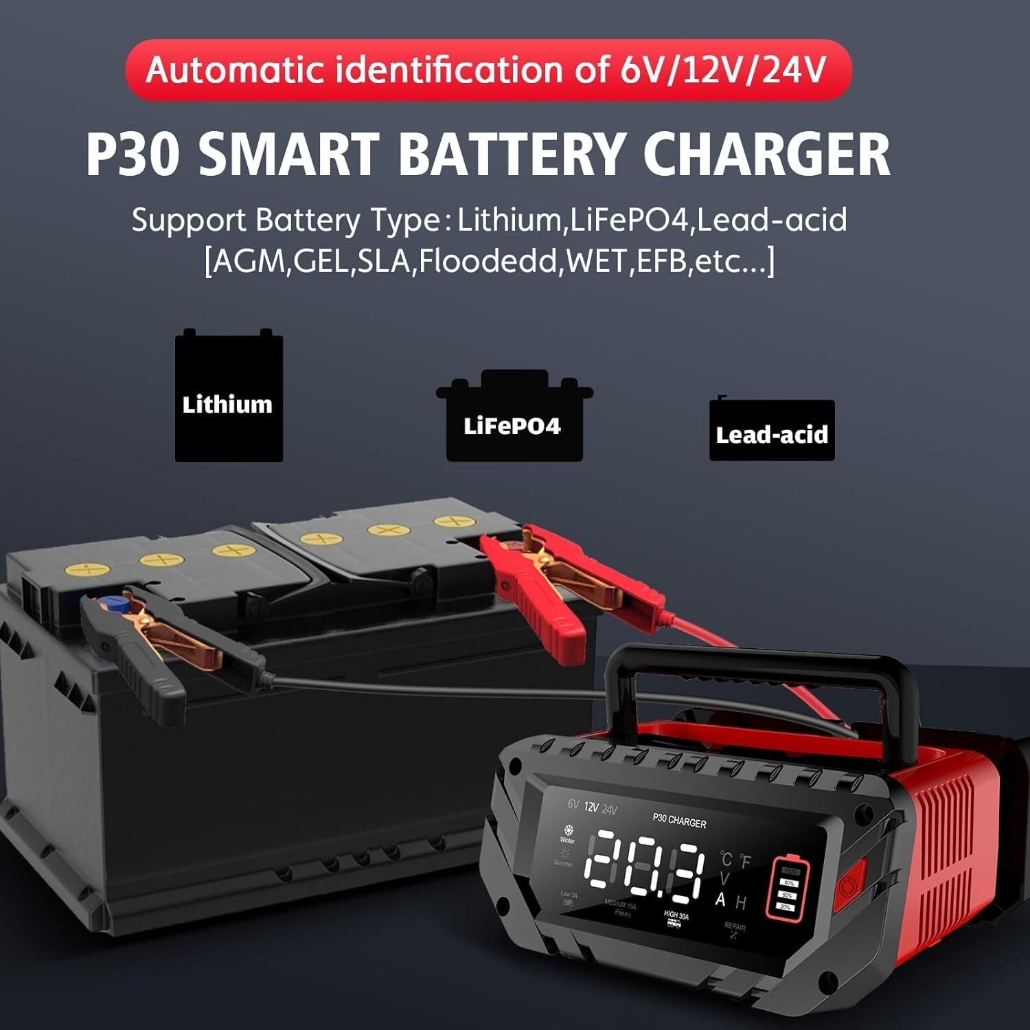 30 Amp Smart Lithium Battery Charger for 6V/12V/24V Vehicles – Portable & Safe