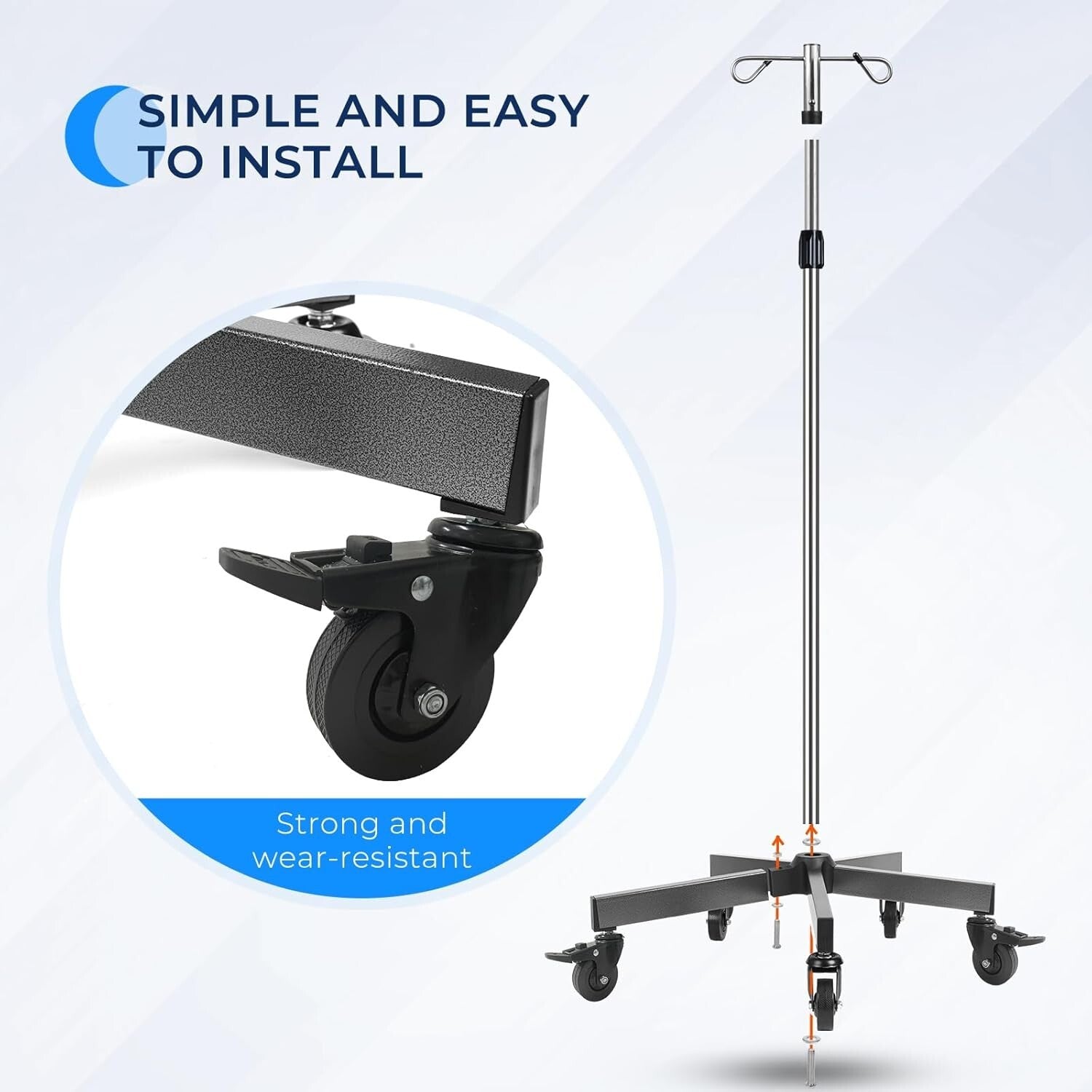 Portable Stainless Steel IV Pole - 2 Hooks, Adjustable Height & Wheels