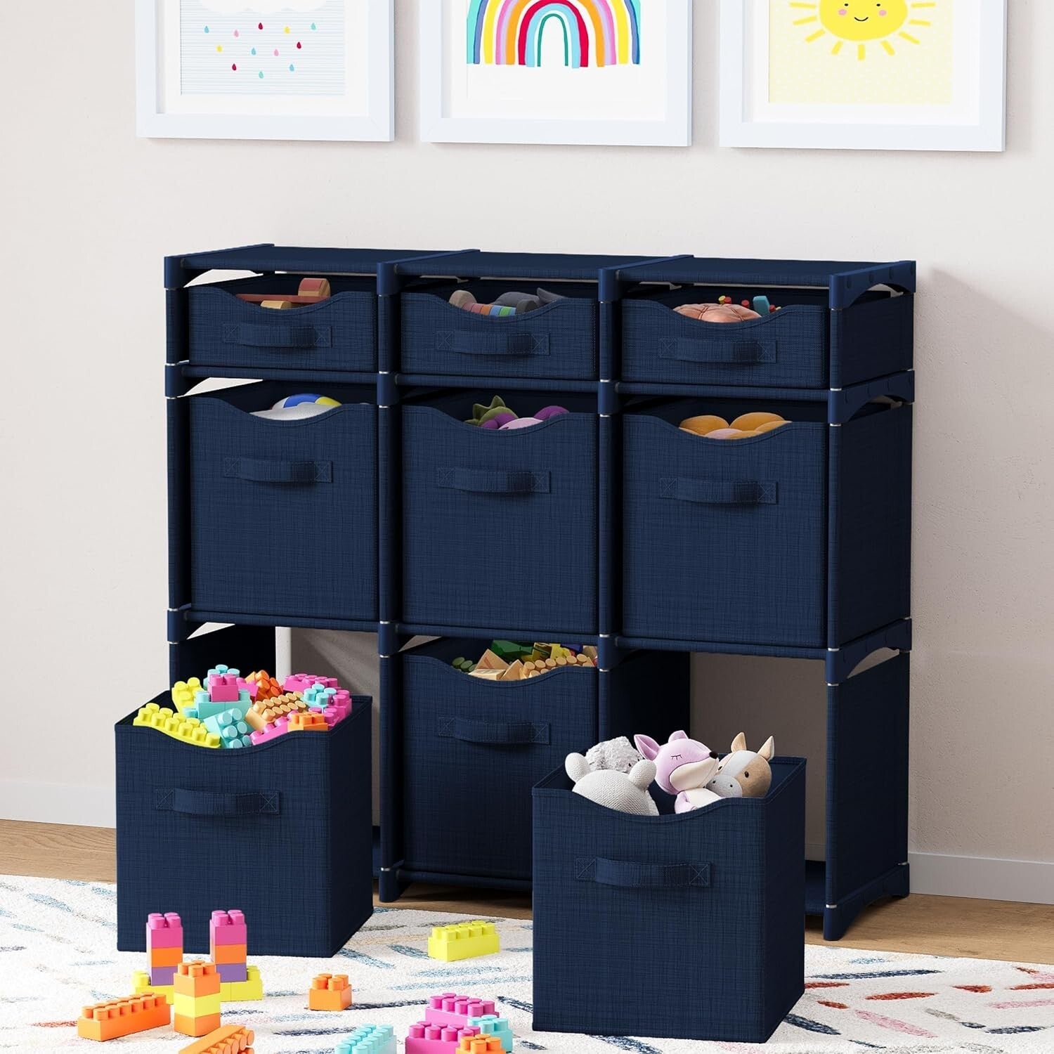 9 Cube Navy Organizer with Foldable Bins - Effortless Style for Kids' Rooms
