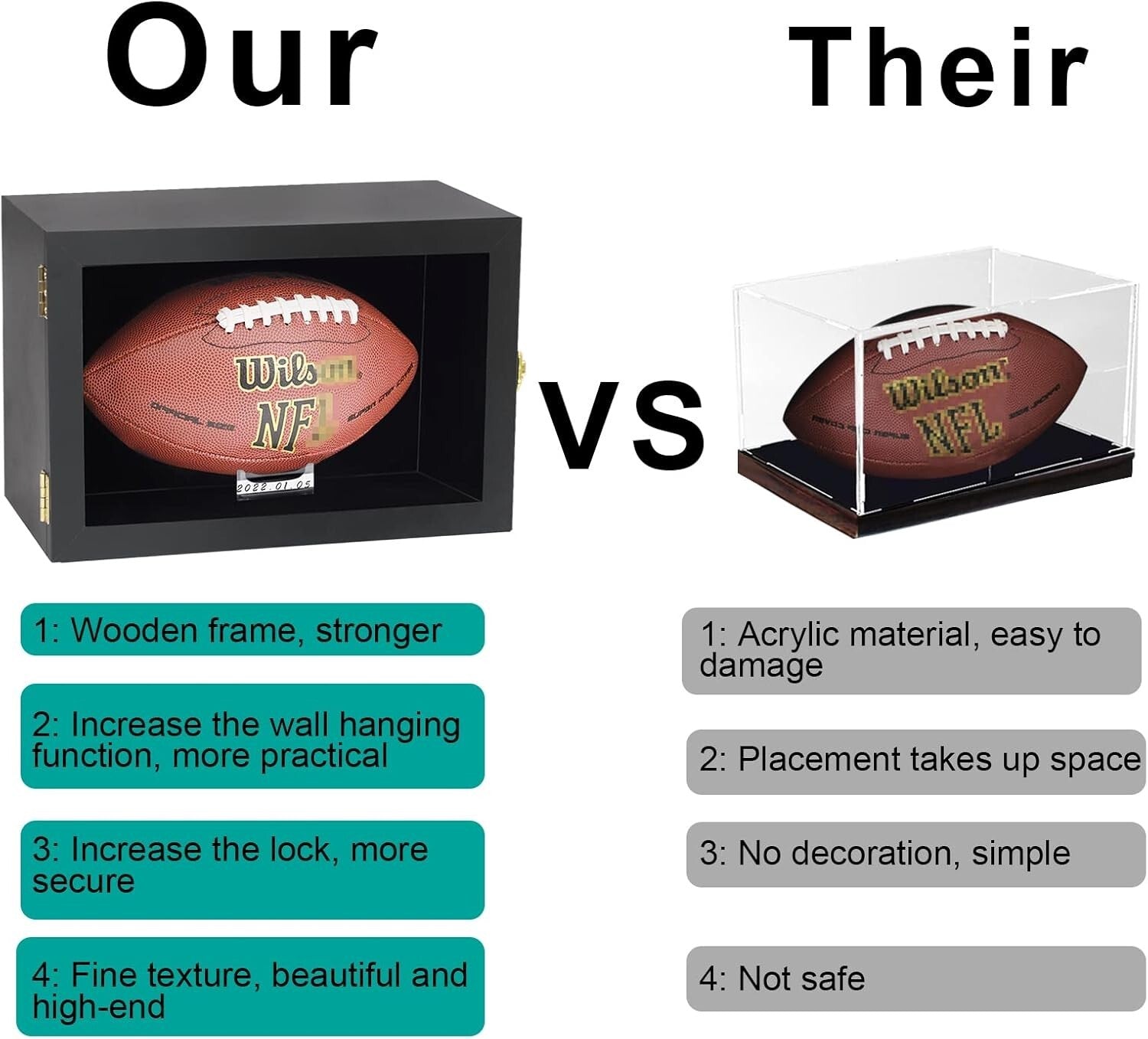 Elegant Wall-Mount Football Display Case with UV Protection - Black Wooden Box