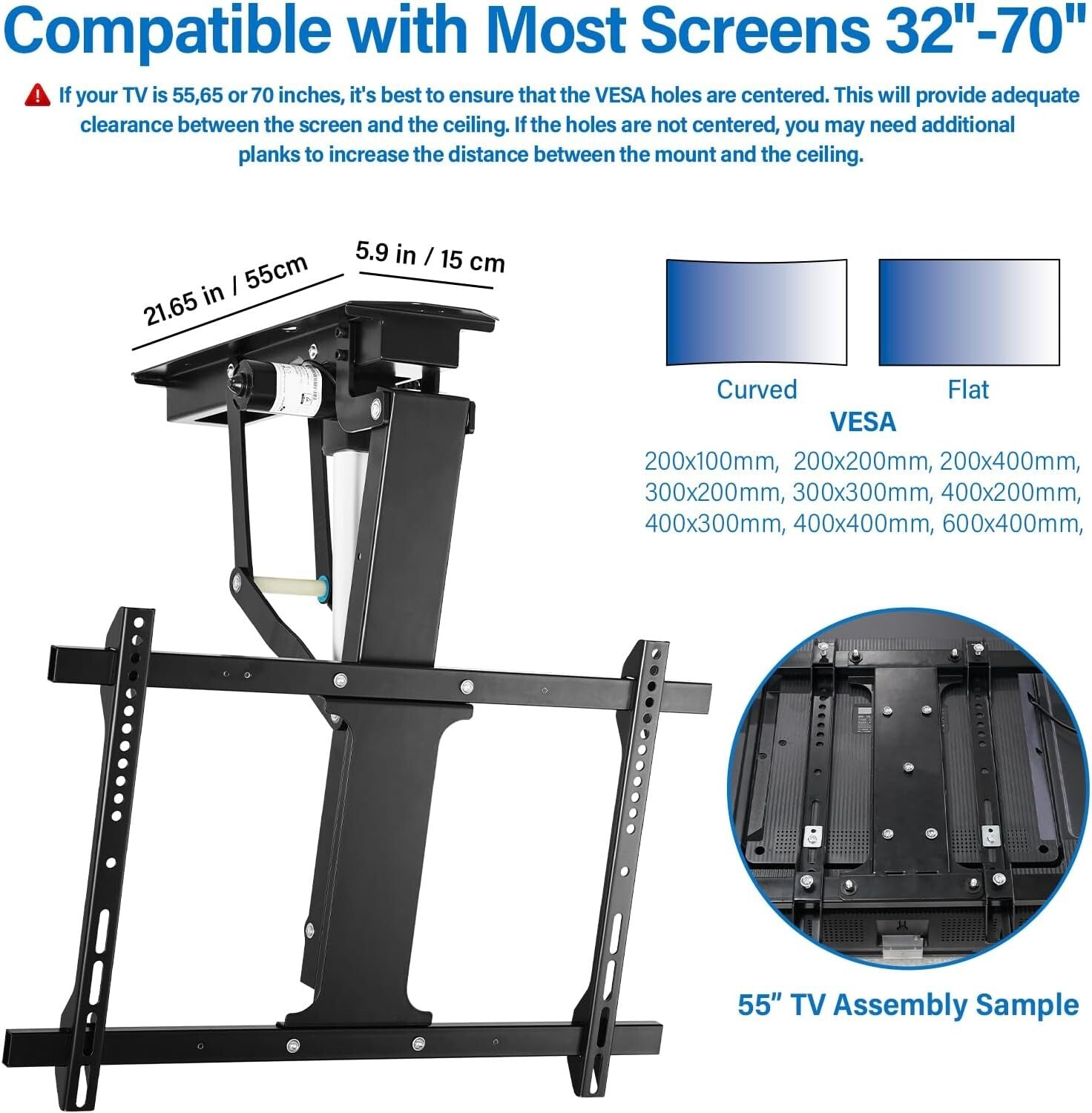 Electric Adjustable Ceiling TV Mount for 32-70 Inch TVs - Remote Control & Sp...