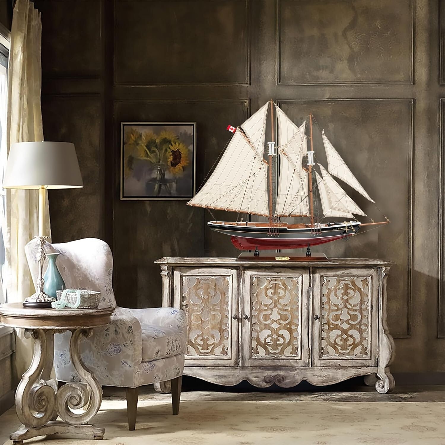 Authentic Bluenose Model Ship - Nautical Decor Piece with Hand-Stitched Sails