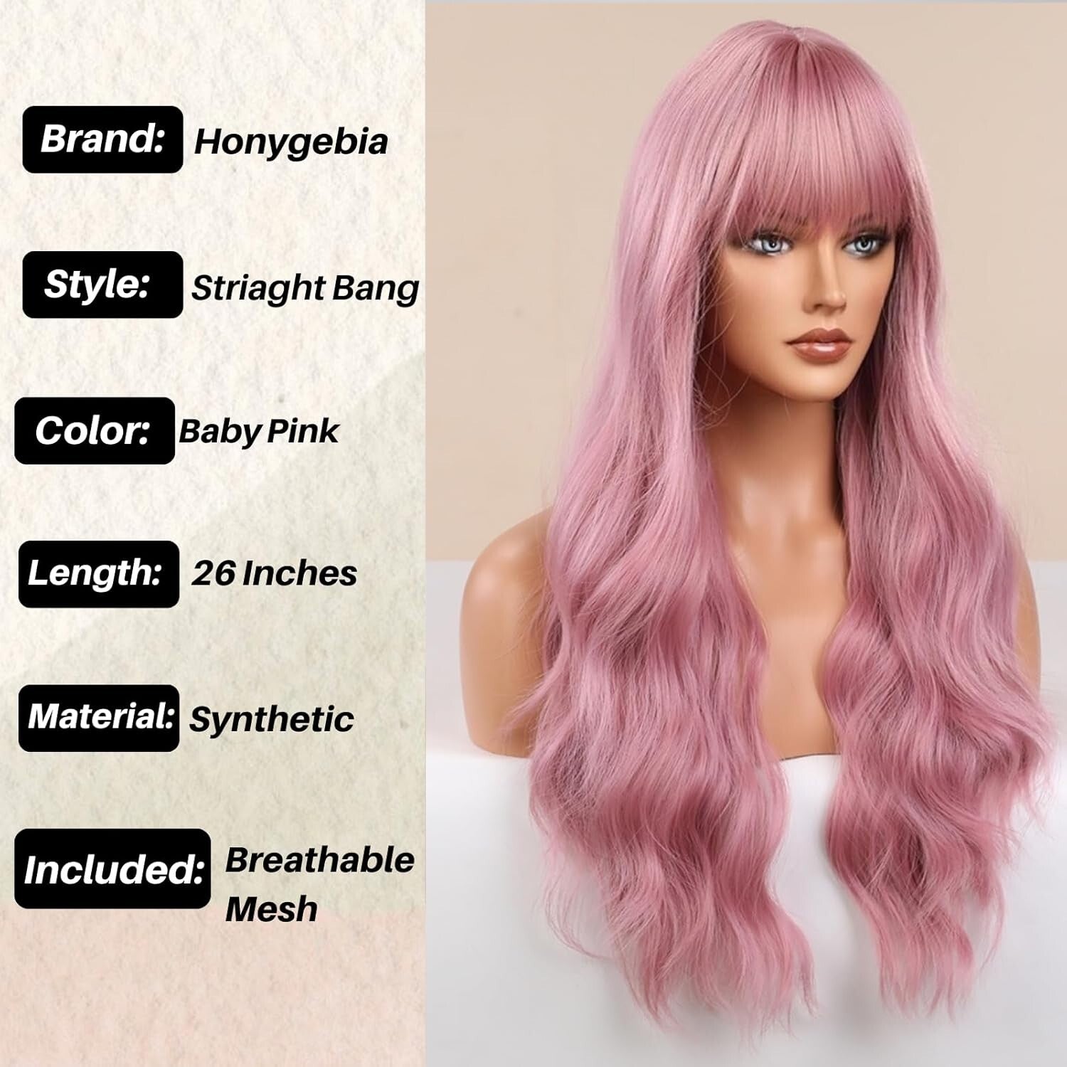 Breathable Baby Pink Wig with Natural Bangs – Heat Resistant for Daily Wear