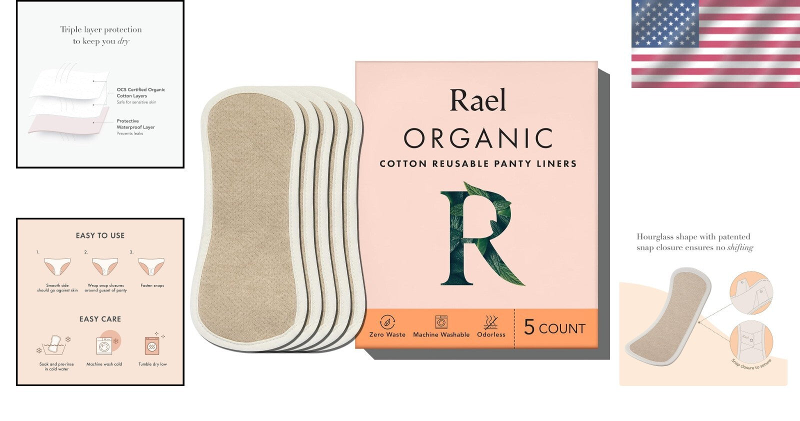 Eco-Friendly Reusable Panty Liners, Organic Cotton, 5-Pack - Soft & Leak-Free