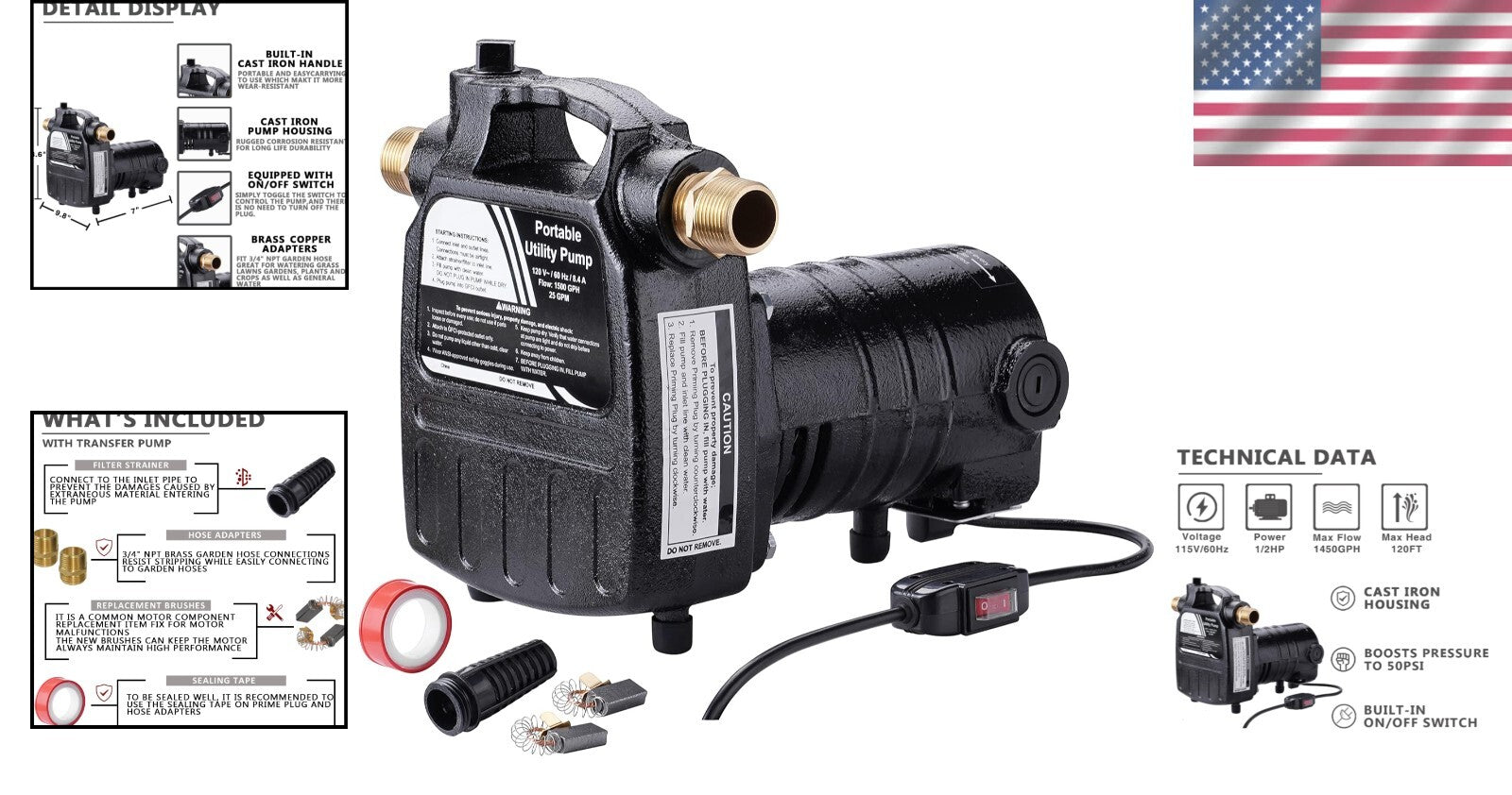 Portable 115V Utility Pump with ON/OFF Switch and Brass Connectors, 120ft Lift