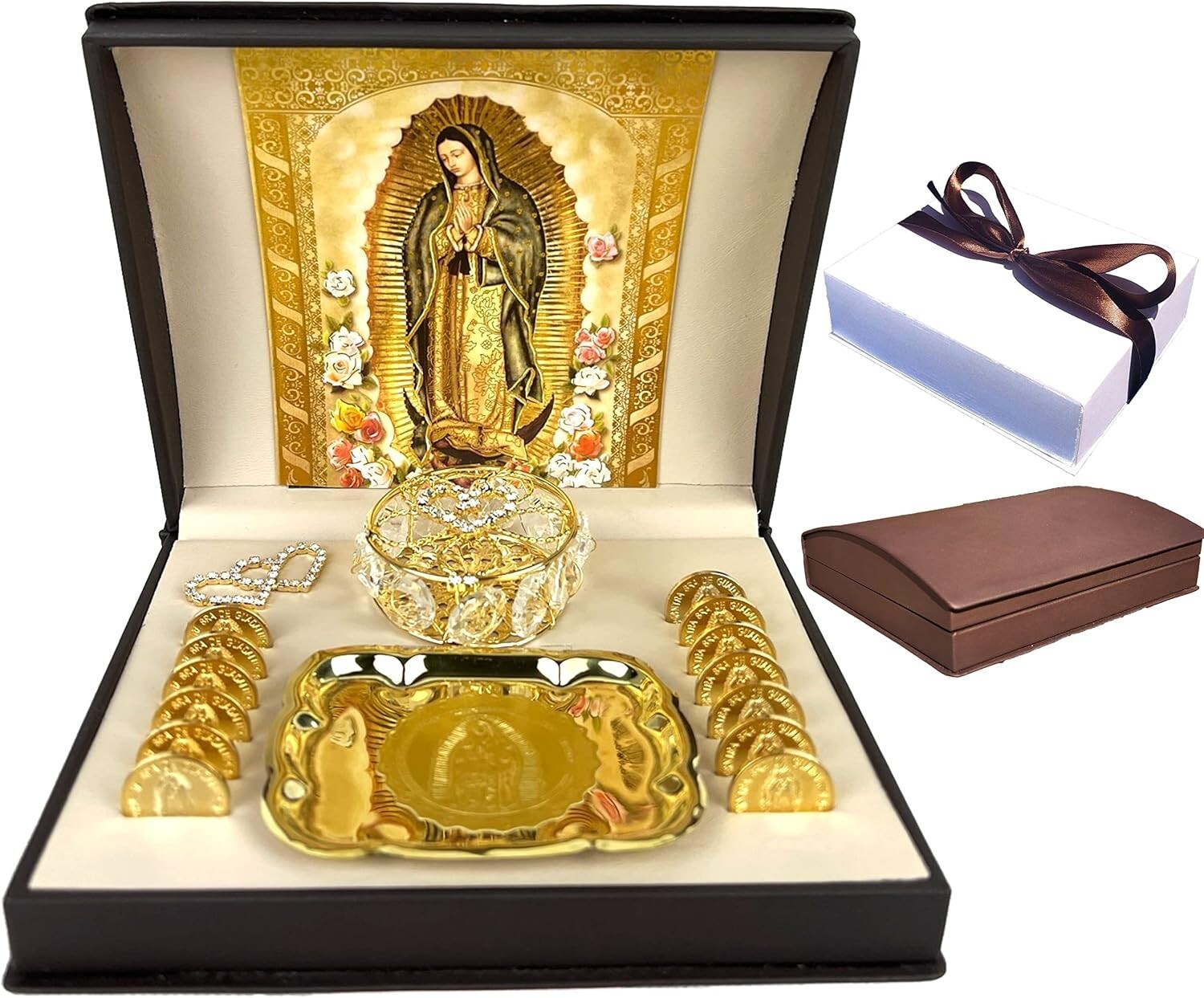 Gold Catholic Wedding Arras Set with Virgen de Guadalupe in Deluxe Gift Box