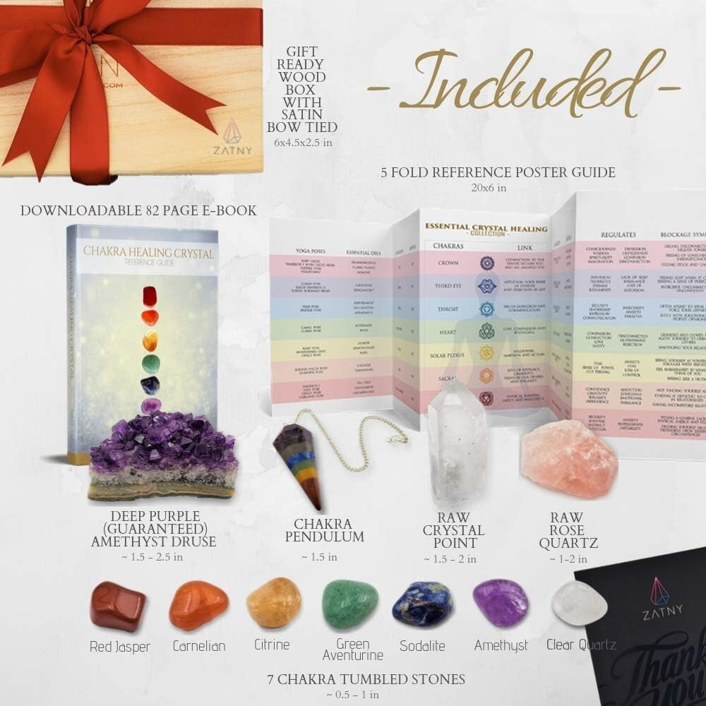 Complete 7 Chakra Stones Healing Kit - Amethyst, Rose Quartz & More in Gift Box