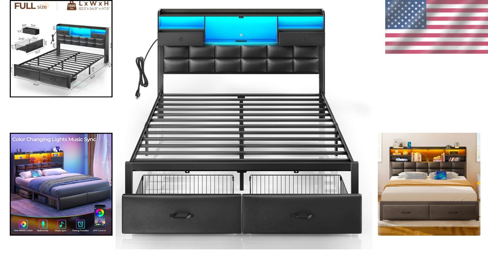 Elegant Full Size Bed Frame with Metal Support, Drawers & USB Charging Station