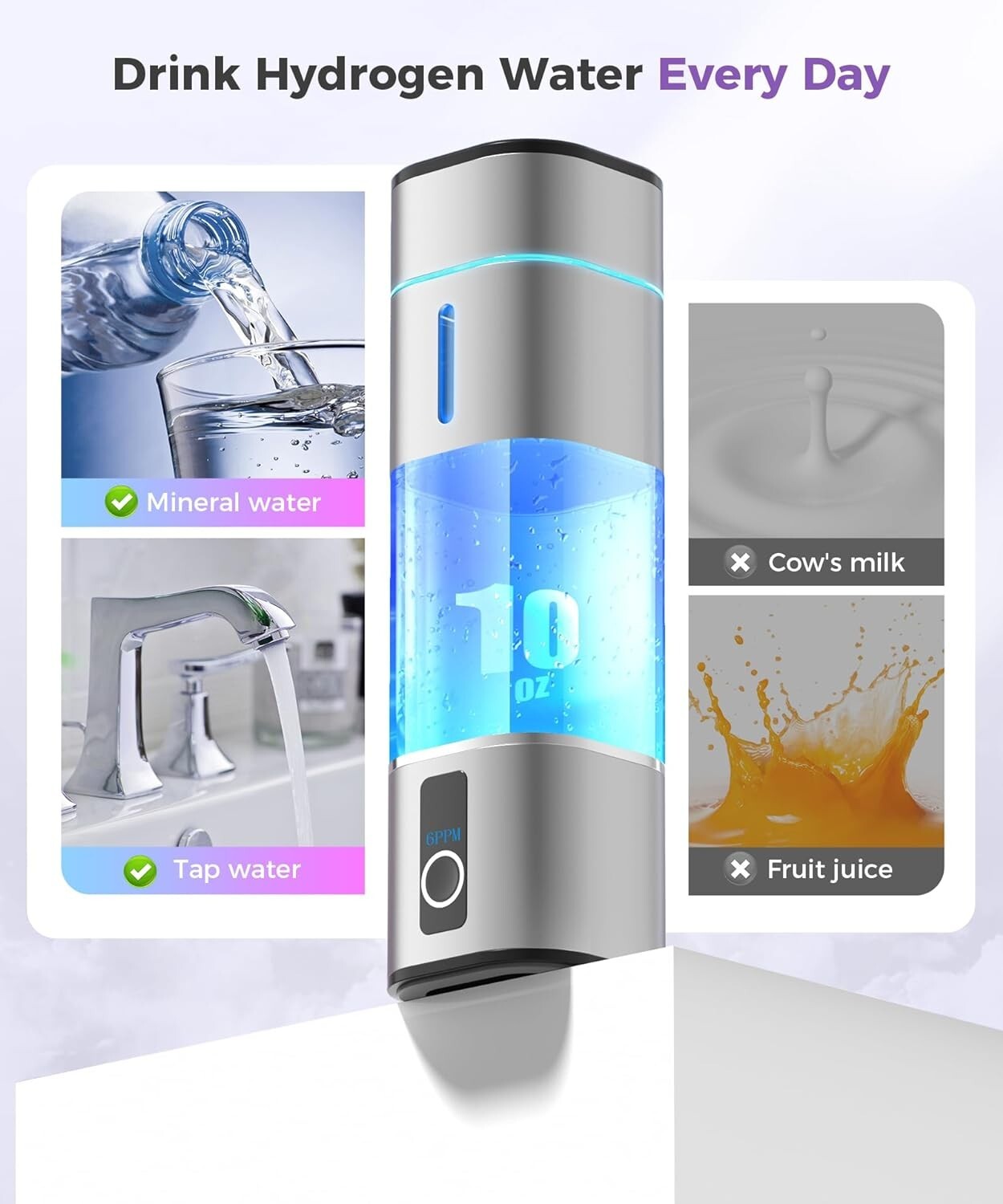 Ergonomic Hydrogen Water Bottle – 3000-6000 PPB Ionizer for Travel & Office Use