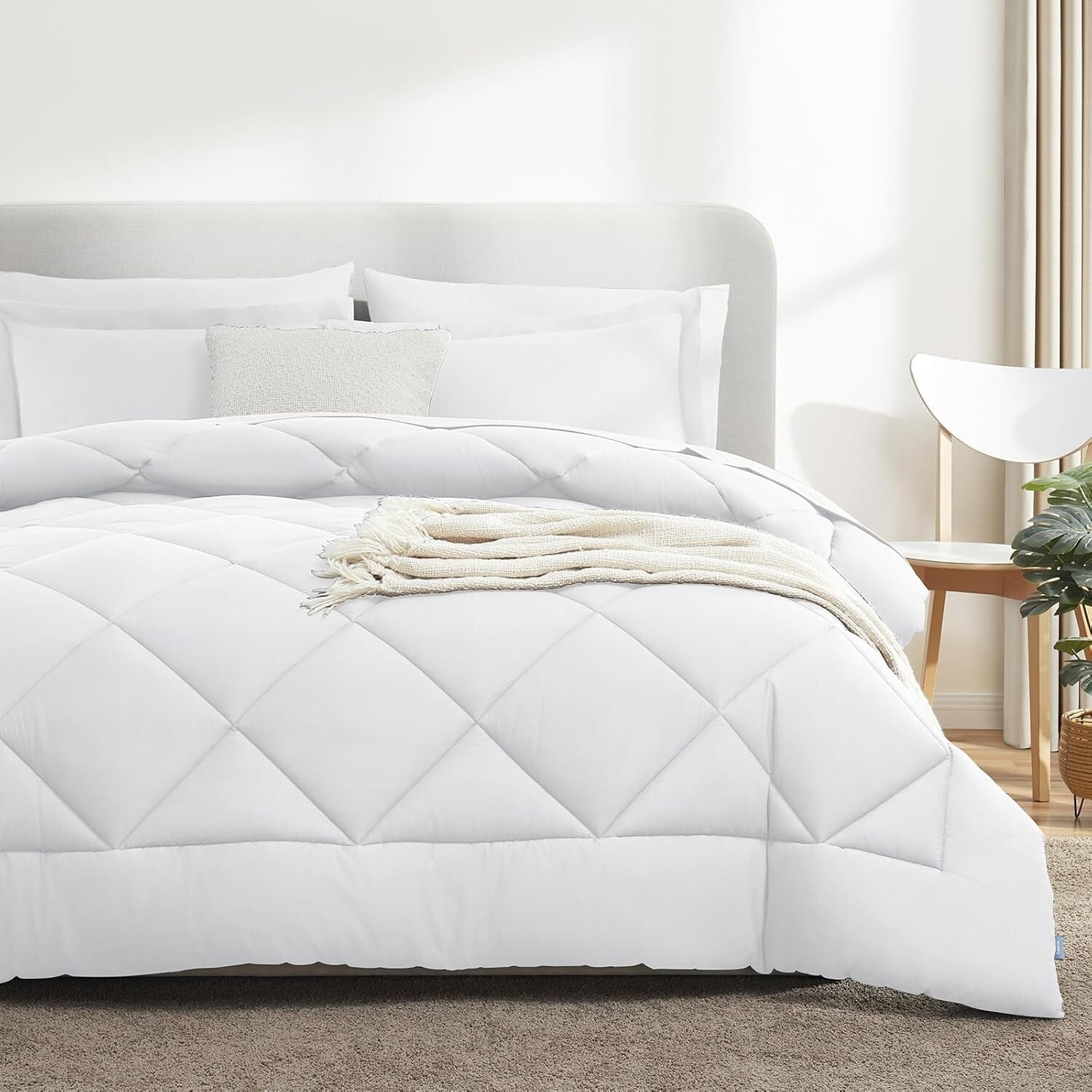 7-Piece King Size Comforter Set - Soft White Luxury Bedding for All Seasons