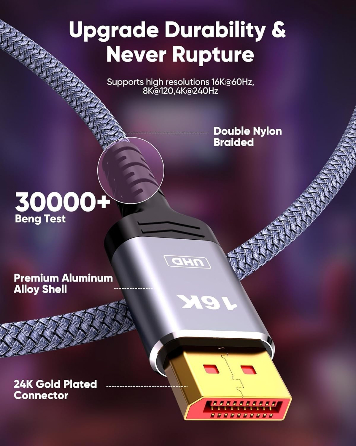 15FT DisplayPort 2.1 Cable - 54Gbps, 16K@60Hz, Braided with Anti-Interference