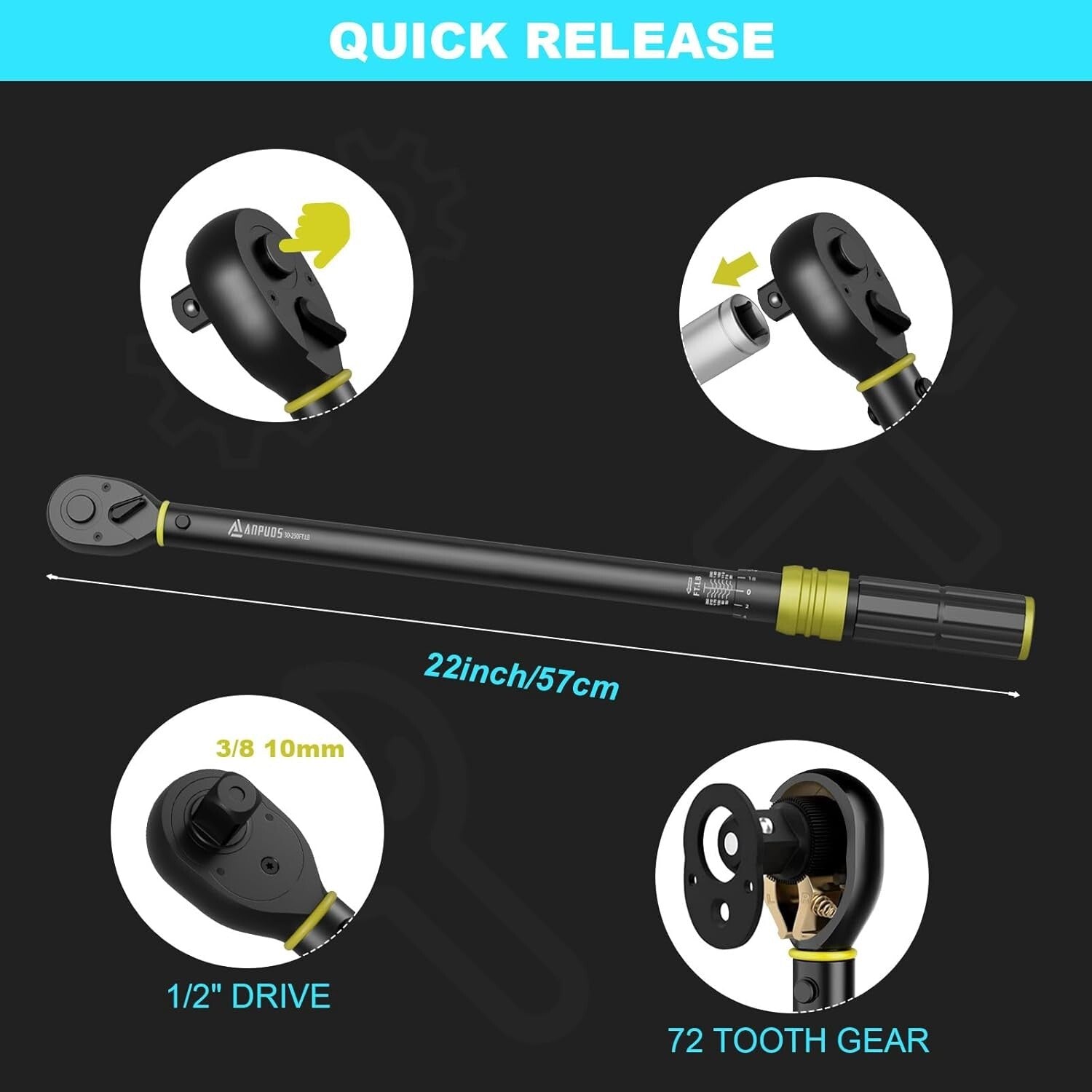 Durable Dual-Direction Torque Wrench, 30-250 Ft-Lb Range, Chrome Vanadium Steel