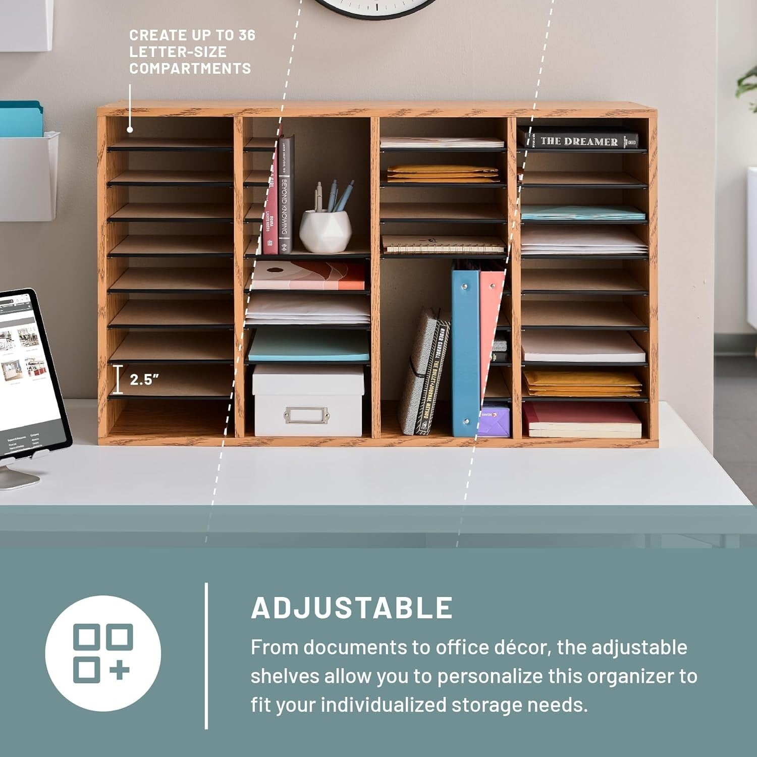 Multi-Functional 36 Compartment Literature Sorter - Easy Access Wooden Organizer